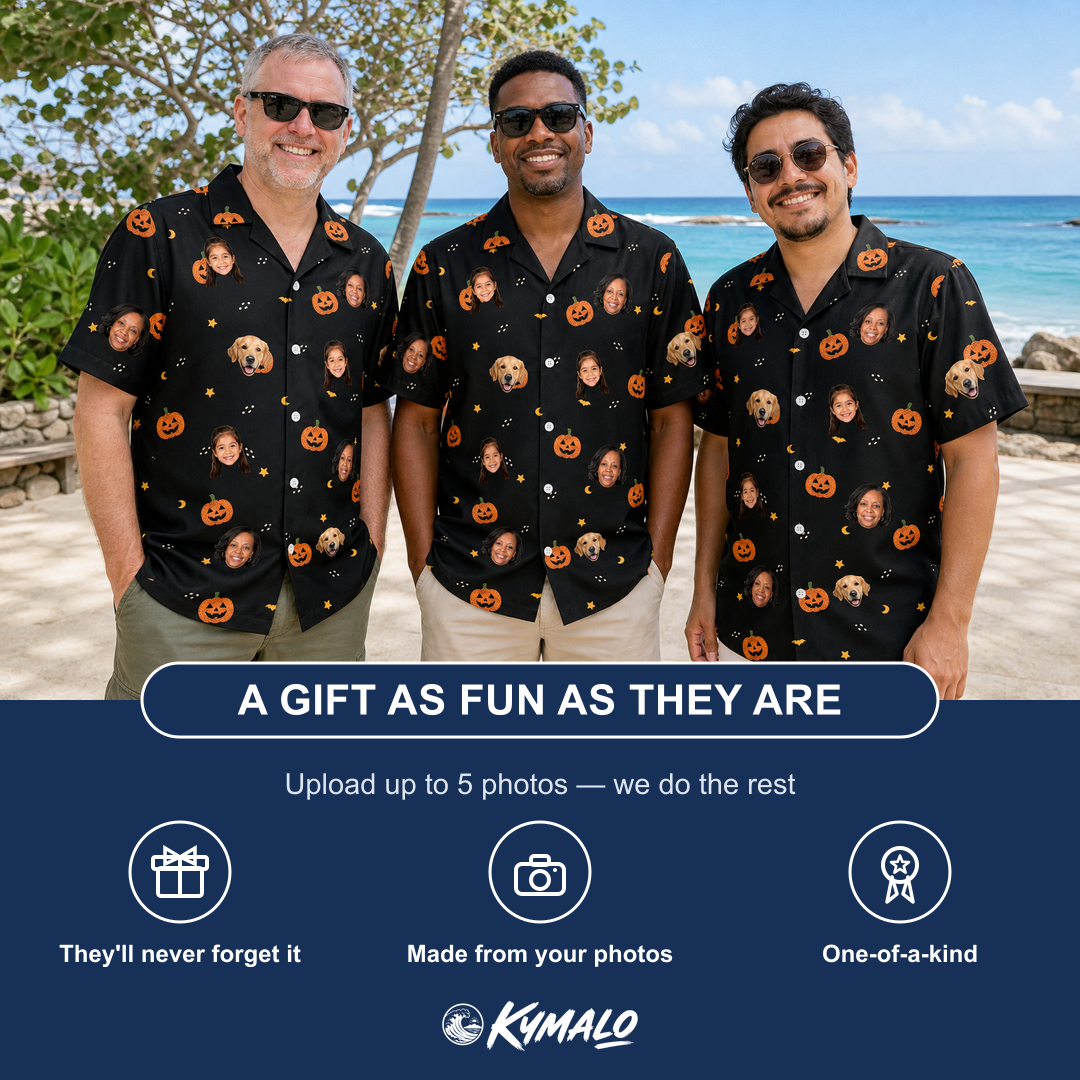 Friends in matching Men's Cackle Carvings Custom Face Hawaiian Shirt — a group gift photo
