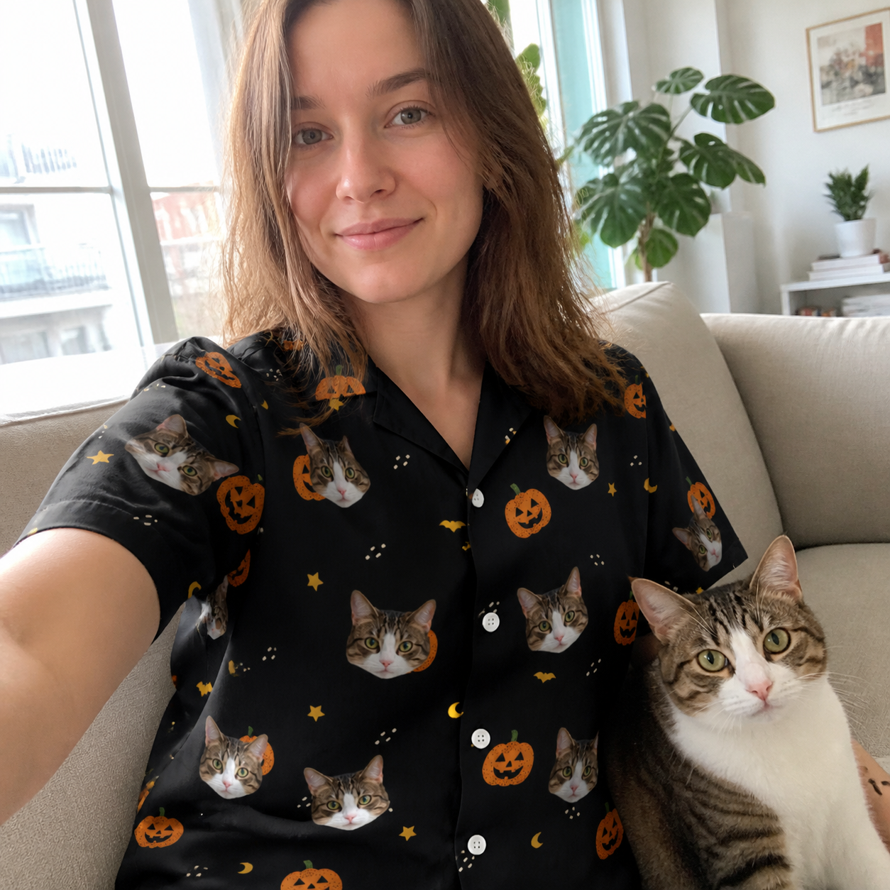 Selfie with the pet whose face is printed all over this Women's Cackle Carvings Custom Cat Face Hawaiian Shirt