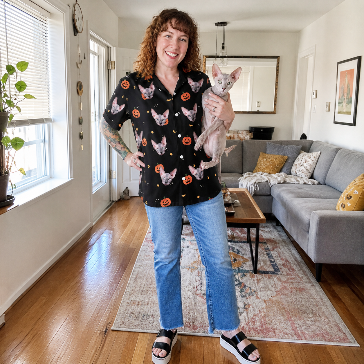 Full-length photo with the pet printed all over this Women's Cackle Carvings Custom Cat Face Hawaiian Shirt