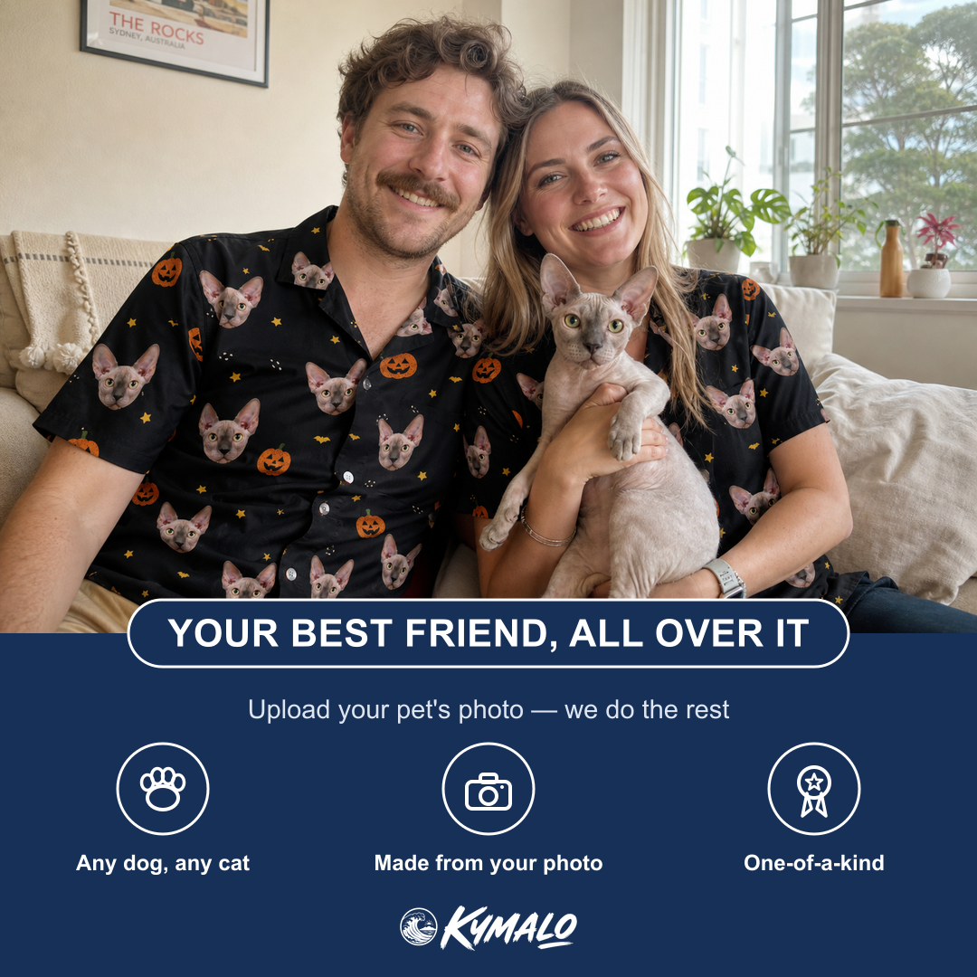 Friends in matching Women's Cackle Carvings Custom Cat Face Hawaiian Shirt — a group gift photo