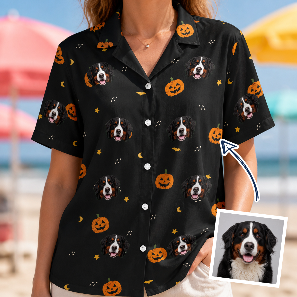 Woman wearing Women's Cackle Carvings Custom Dog Face Hawaiian Shirt — custom faces printed all-over