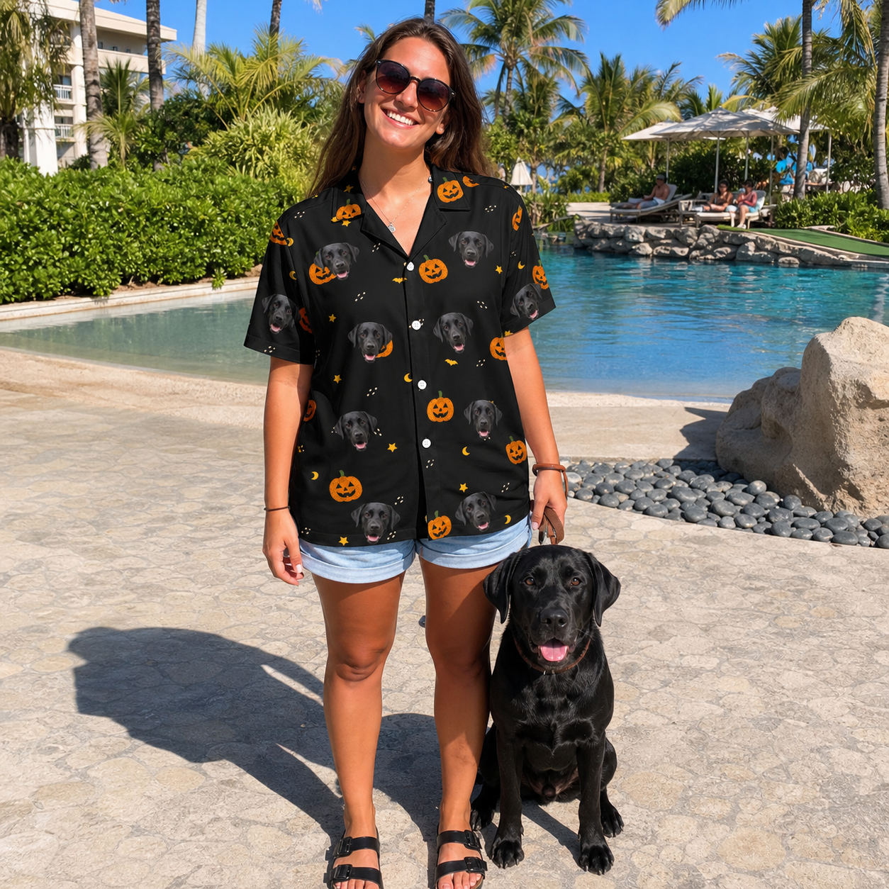 Full-length photo with the pet printed all over this Women's Cackle Carvings Custom Dog Face Hawaiian Shirt