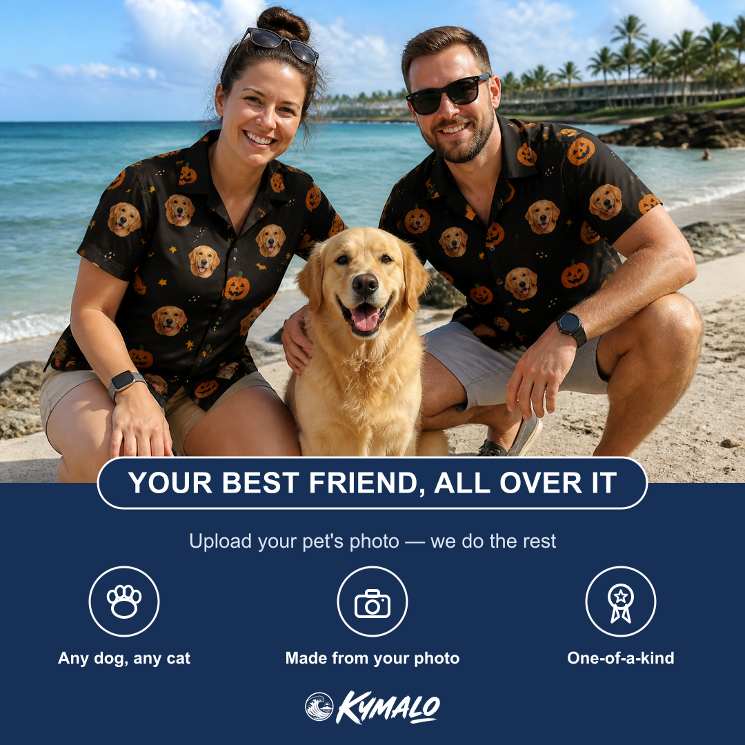 Friends in matching Women's Cackle Carvings Custom Dog Face Hawaiian Shirt — a group gift photo