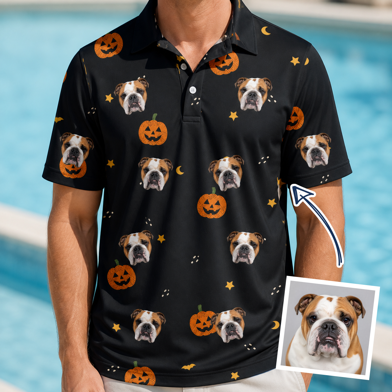 Man wearing Men's Cackle Carvings Custom Dog Face Polo Shirt — custom faces printed all-over