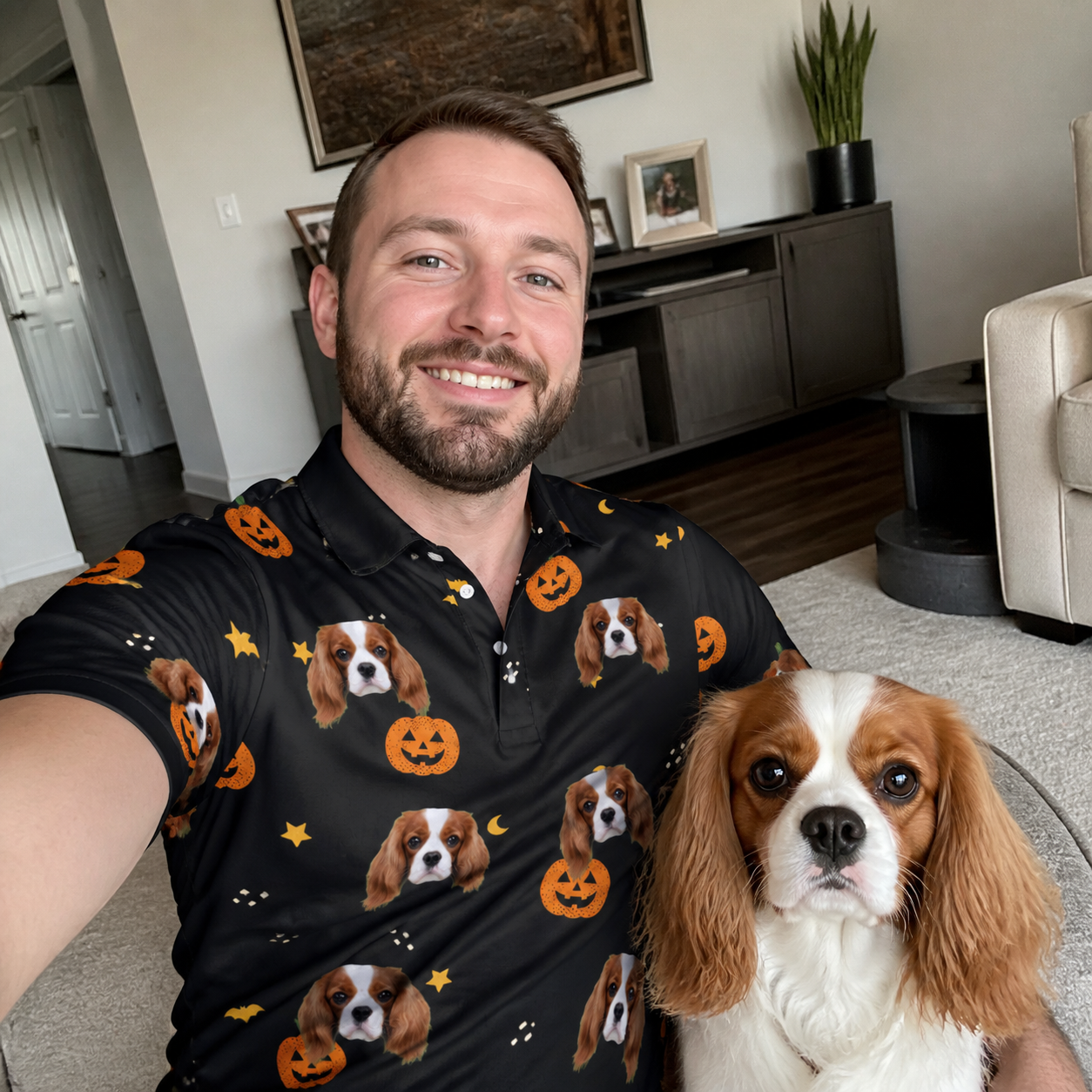 Selfie with the pet whose face is printed all over this Men's Cackle Carvings Custom Dog Face Polo Shirt