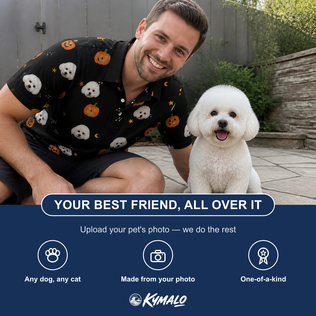 Friends in matching Men's Cackle Carvings Custom Dog Face Polo Shirt — a group gift photo
