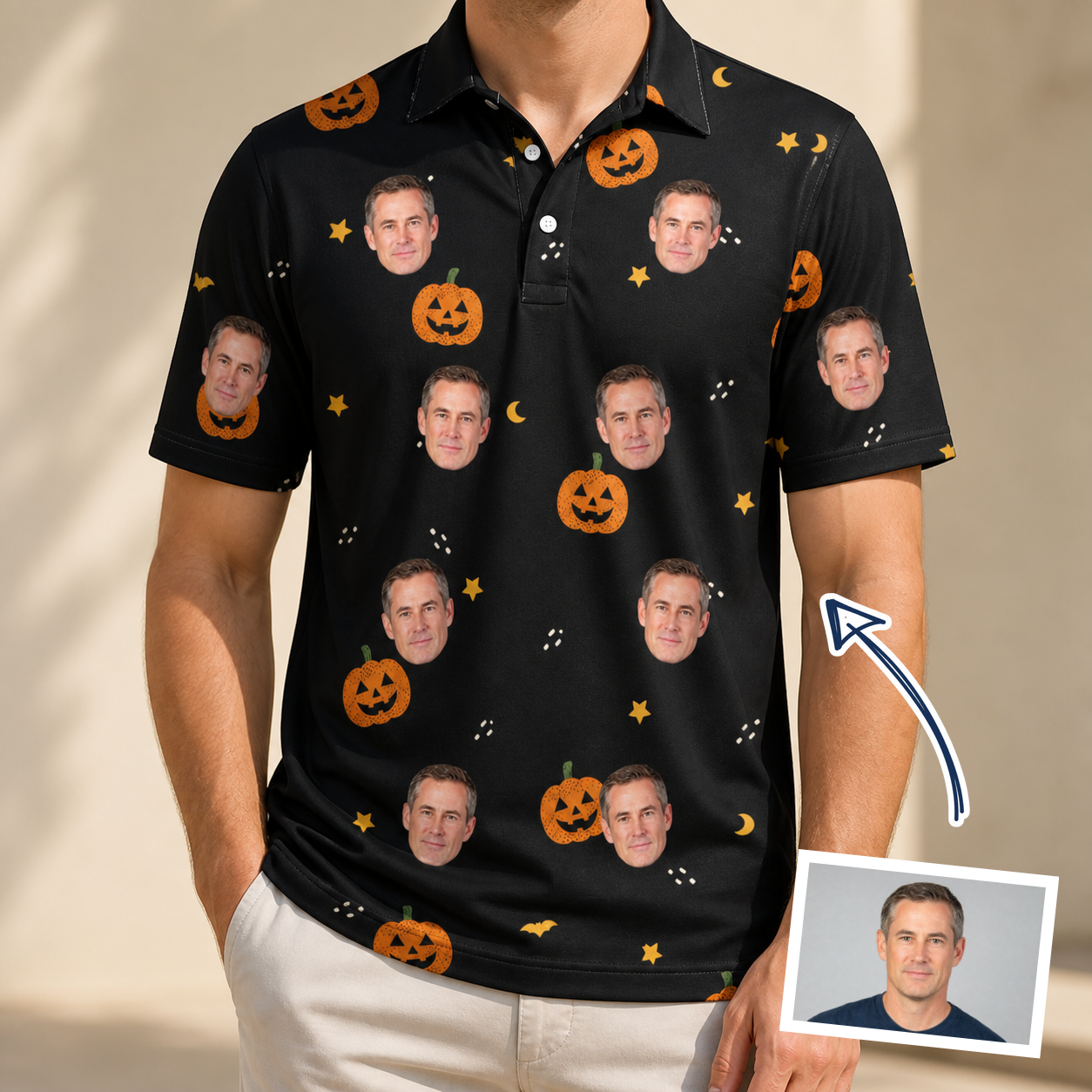 Man wearing Men's Cackle Carvings Custom Face Polo Shirt — custom faces printed all-over