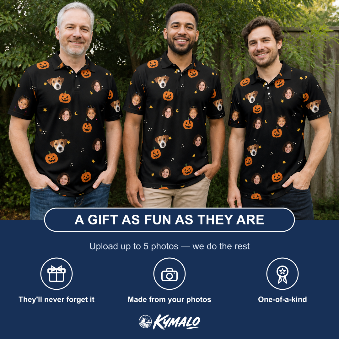 Friends in matching Men's Cackle Carvings Custom Face Polo Shirt — a group gift photo