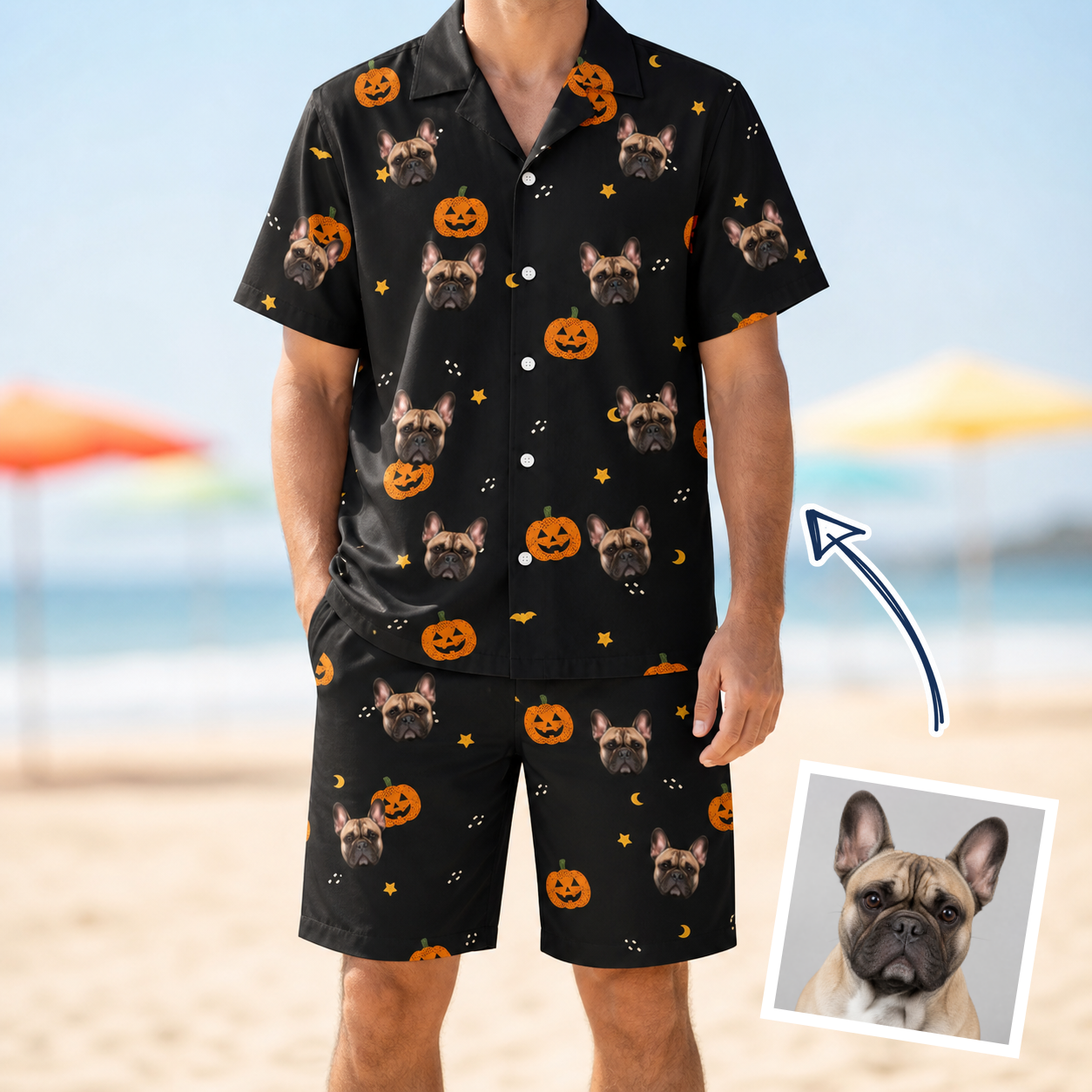 Man wearing Men's Cackle Carvings Custom Dog Face Shirt & Shorts Set — custom faces printed all-over