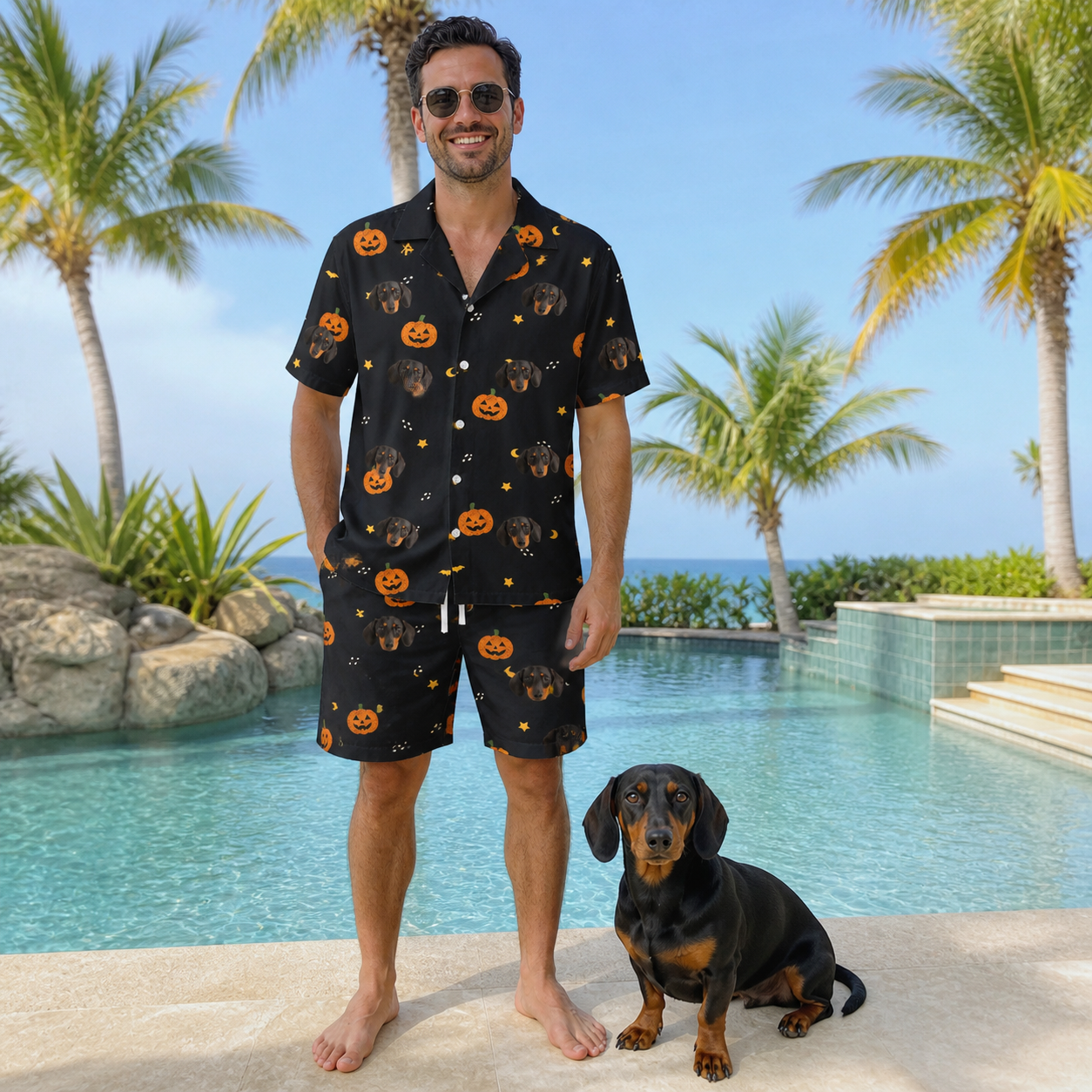 Full-length photo with the pet printed all over this Men's Cackle Carvings Custom Dog Face Shirt & Shorts Set