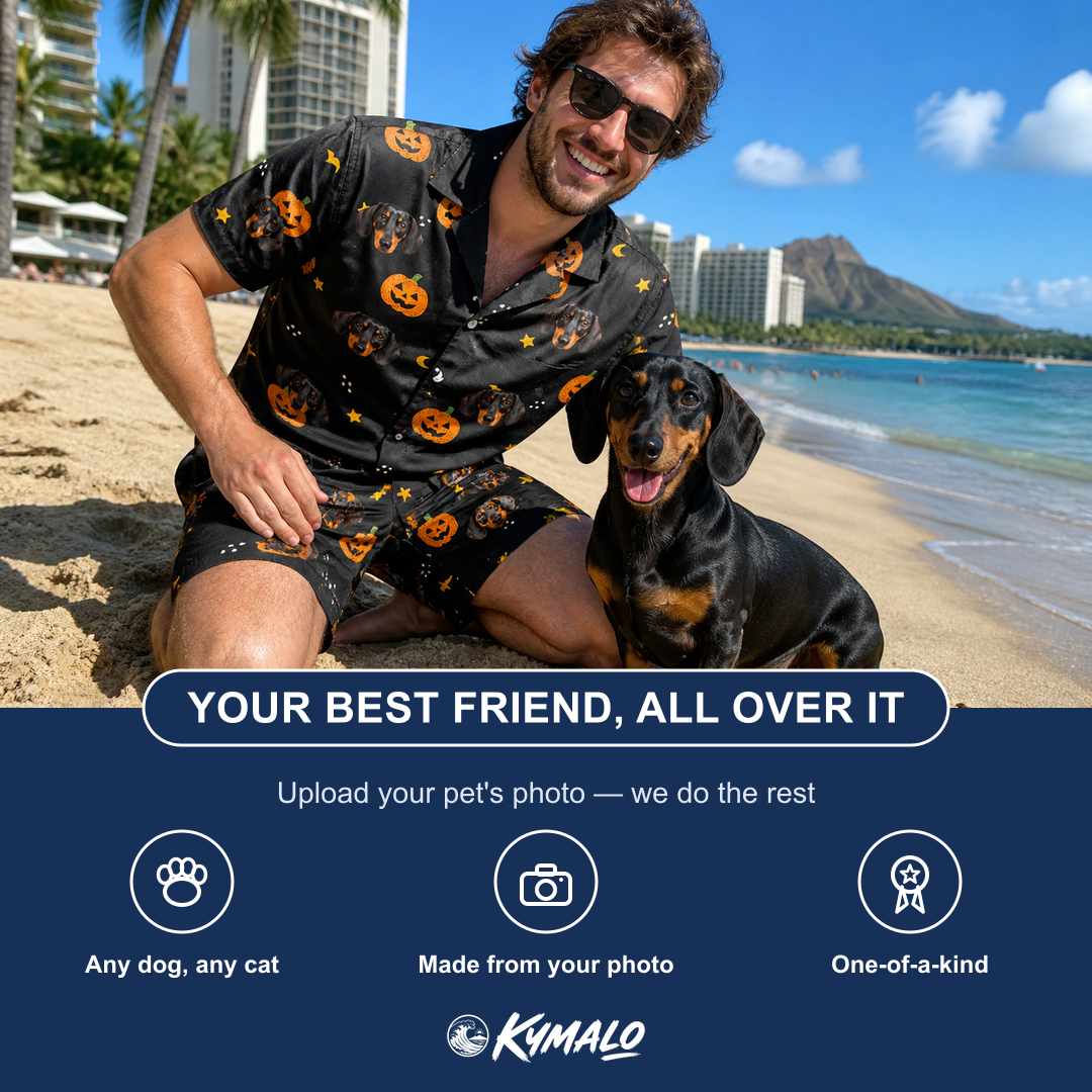 Friends in matching Men's Cackle Carvings Custom Dog Face Shirt & Shorts Set — a group gift photo