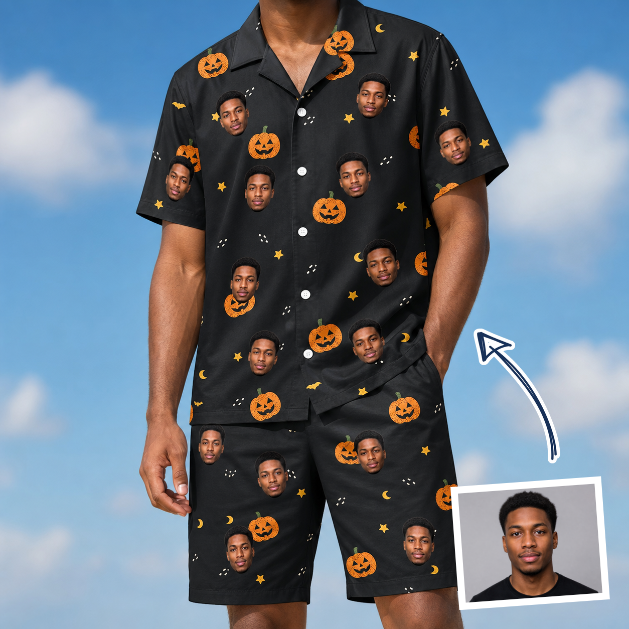 Man wearing Men's Cackle Carvings Custom Face Shirt & Shorts Set — custom faces printed all-over