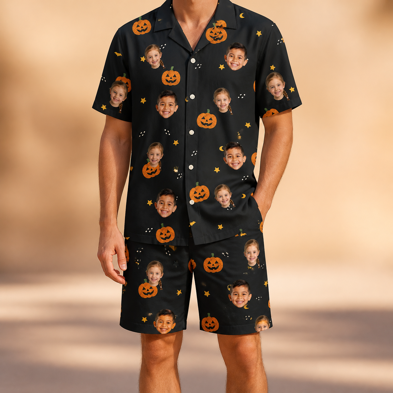 Model wearing Men's Cackle Carvings Custom Face Shirt & Shorts Set printed with kids' faces
