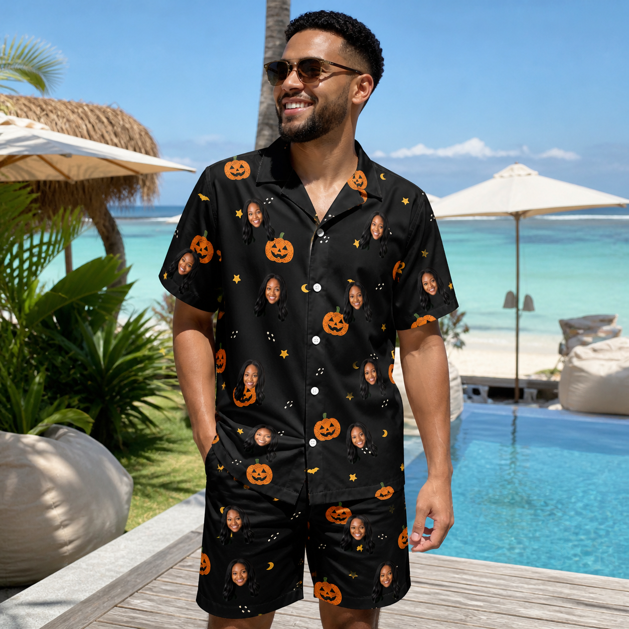 Real-life photo of someone wearing Men's Cackle Carvings Custom Face Shirt & Shorts Set — custom faces printed all-over