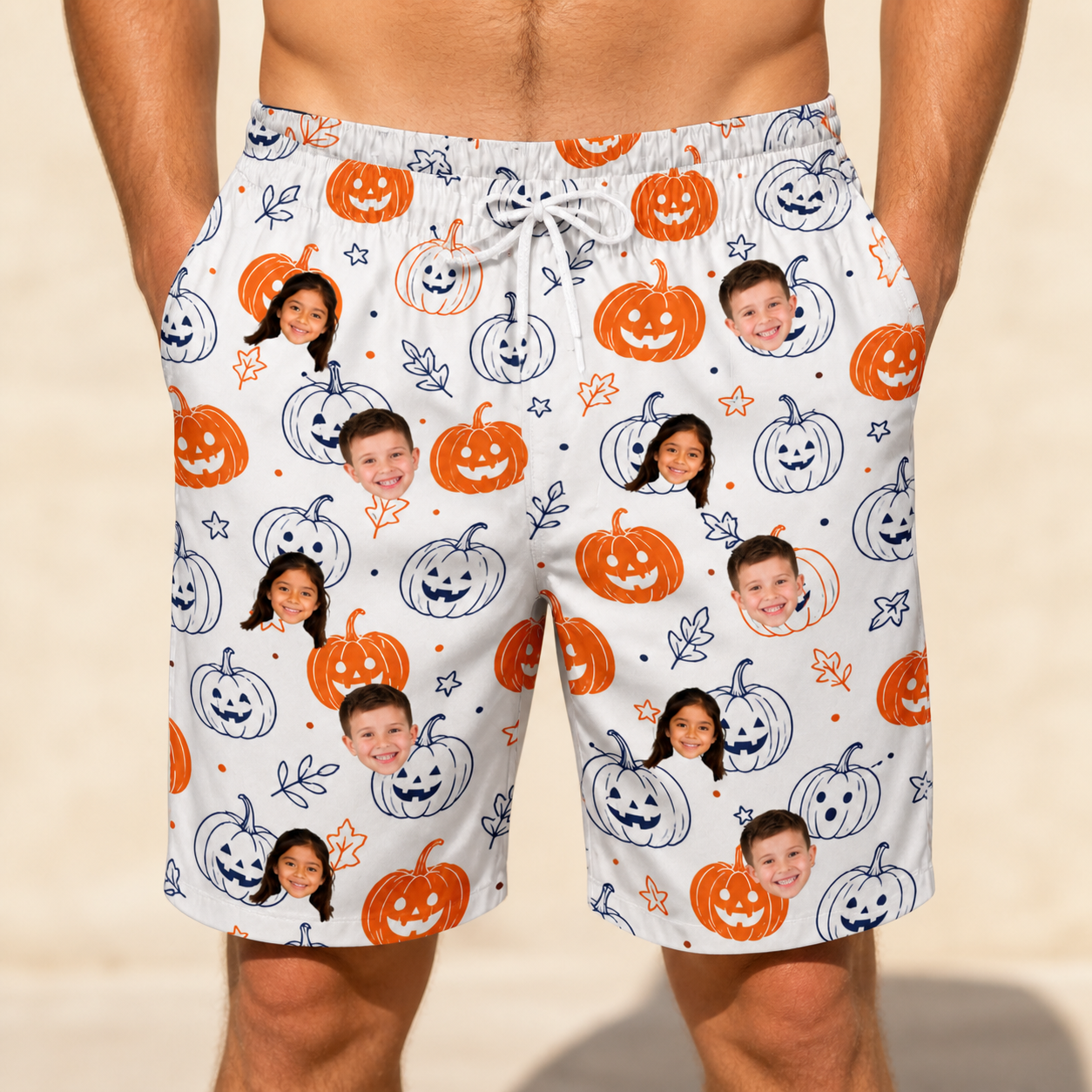 Model wearing Men's Jack O'Jitters Custom Face Beach Shorts printed with kids' faces