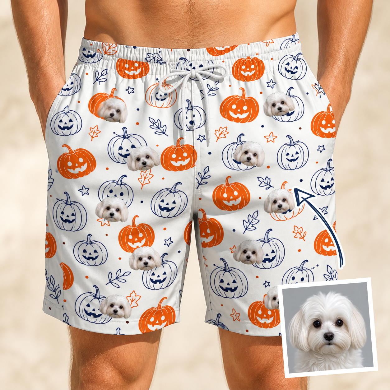 Man wearing Men's Jack O'Jitters Custom Dog Face Beach Shorts — custom faces printed all-over