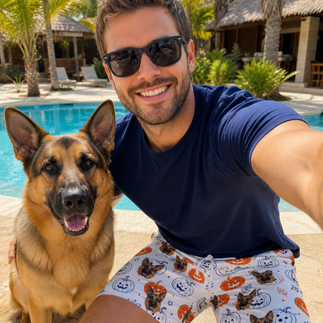 Selfie with the pet whose face is printed all over this Men's Jack O'Jitters Custom Dog Face Beach Shorts