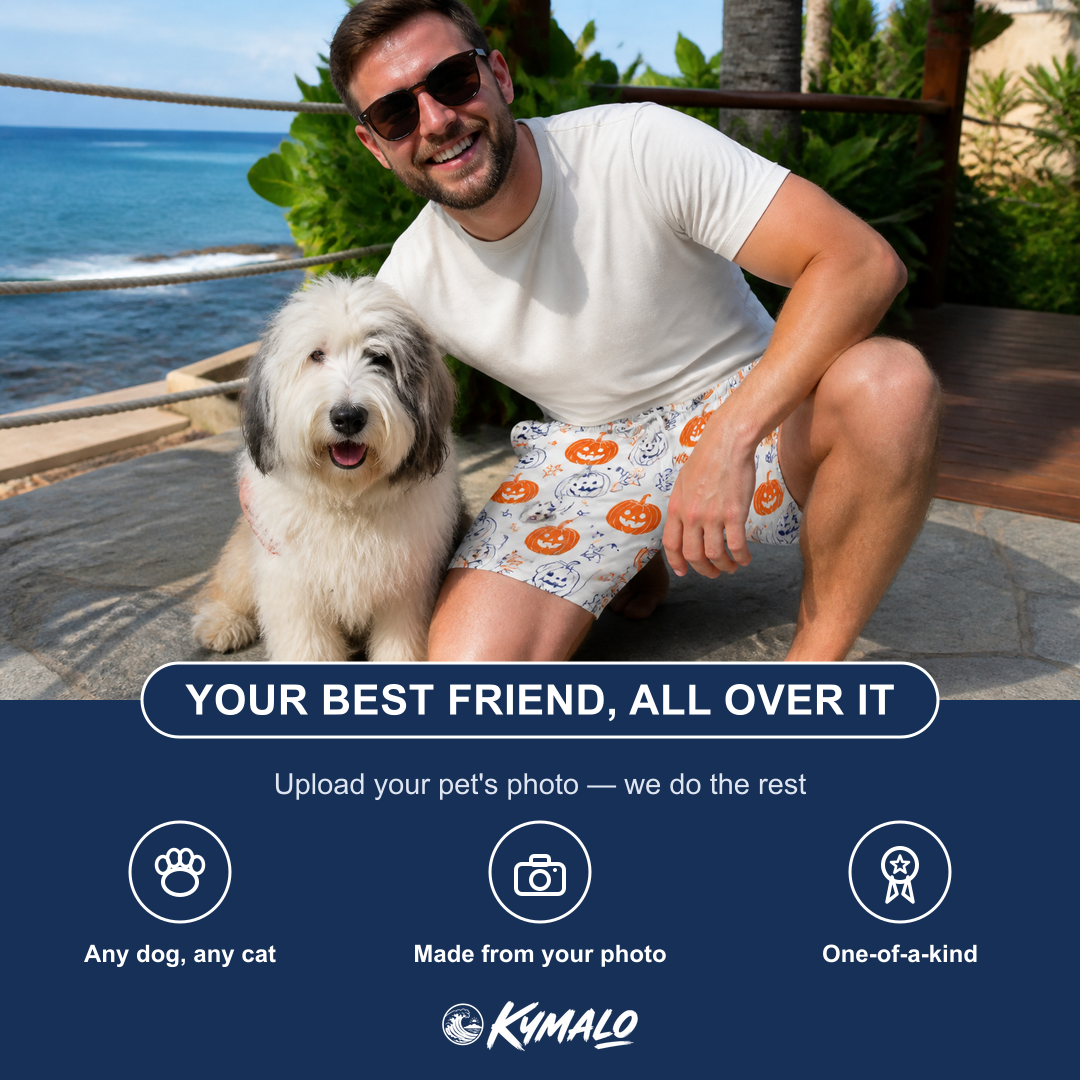 Friends in matching Men's Jack O'Jitters Custom Dog Face Beach Shorts — a group gift photo