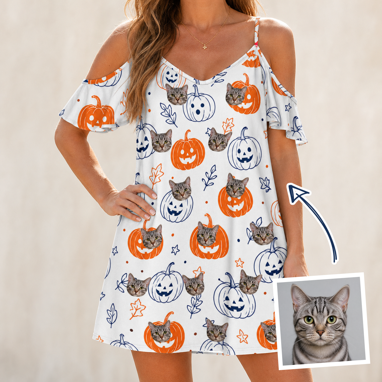 Woman wearing Women's Jack O'Jitters Custom Cat Face Off-Shoulder Dress — custom faces printed all-over