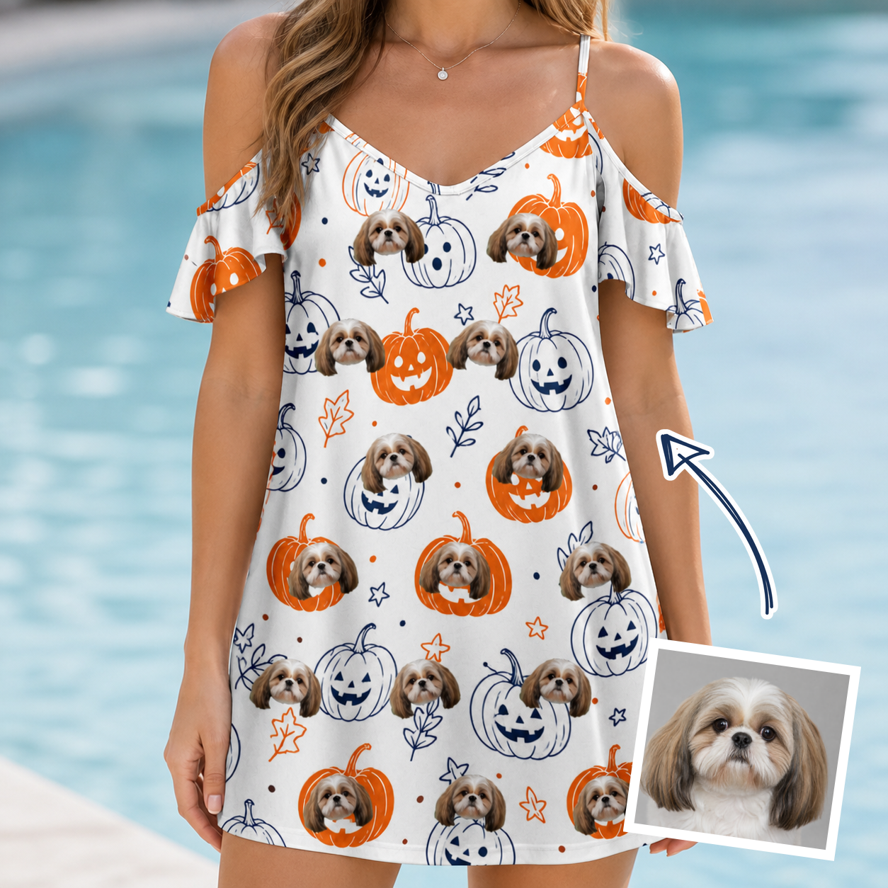 Woman wearing Women's Jack O'Jitters Custom Dog Face Off-Shoulder Dress — custom faces printed all-over