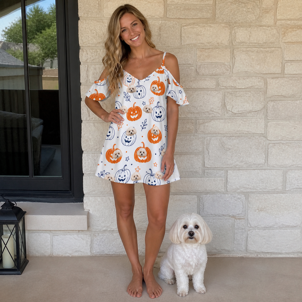 Full-length photo with the pet printed all over this Women's Jack O'Jitters Custom Dog Face Off-Shoulder Dress