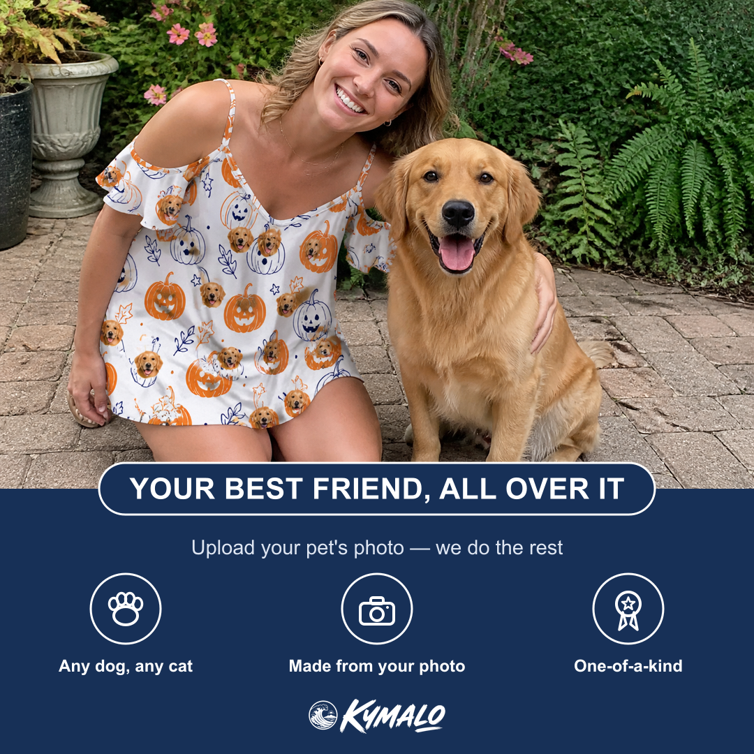 Friends in matching Women's Jack O'Jitters Custom Dog Face Off-Shoulder Dress — a group gift photo