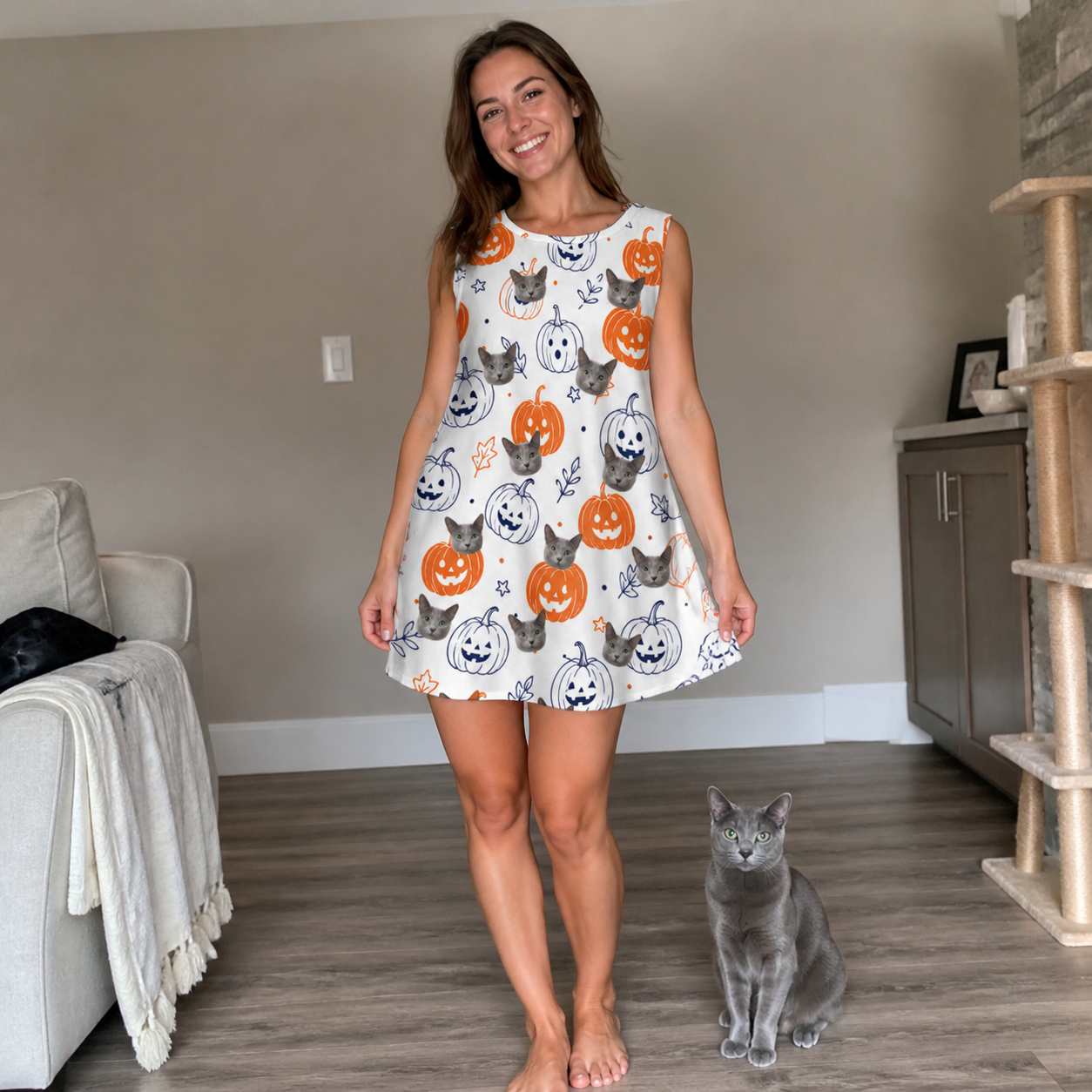 Full-length photo with the pet printed all over this Women's Jack O'Jitters Custom Cat Face Tank Dress