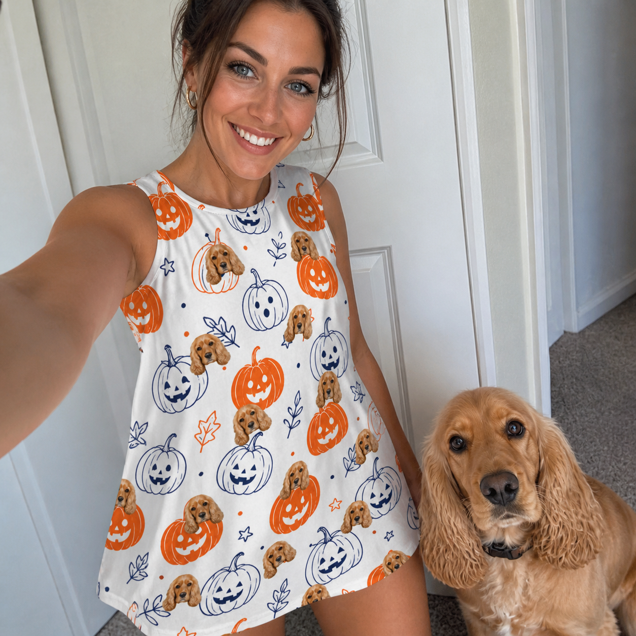 Selfie with the pet whose face is printed all over this Women's Jack O'Jitters Custom Dog Face Tank Dress