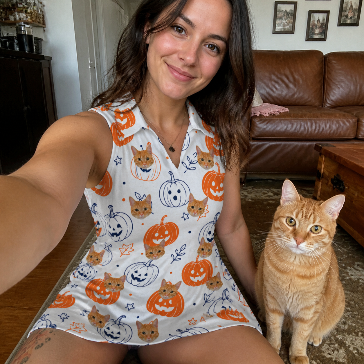 Selfie with the pet whose face is printed all over this Women's Jack O'Jitters Custom Cat Face V-Neck Dress