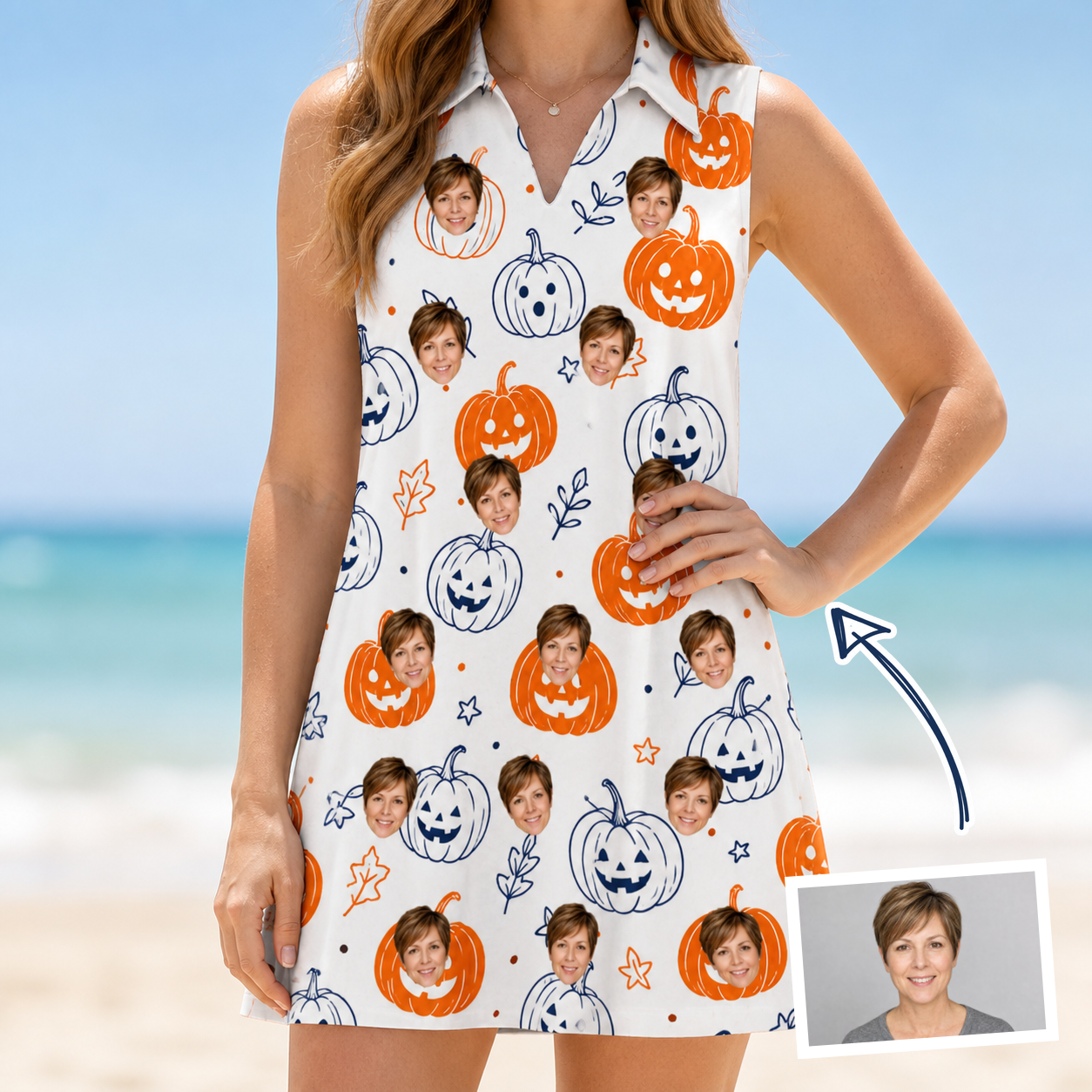 Woman wearing Women's Jack O'Jitters Custom Face V-Neck Dress — custom faces printed all-over