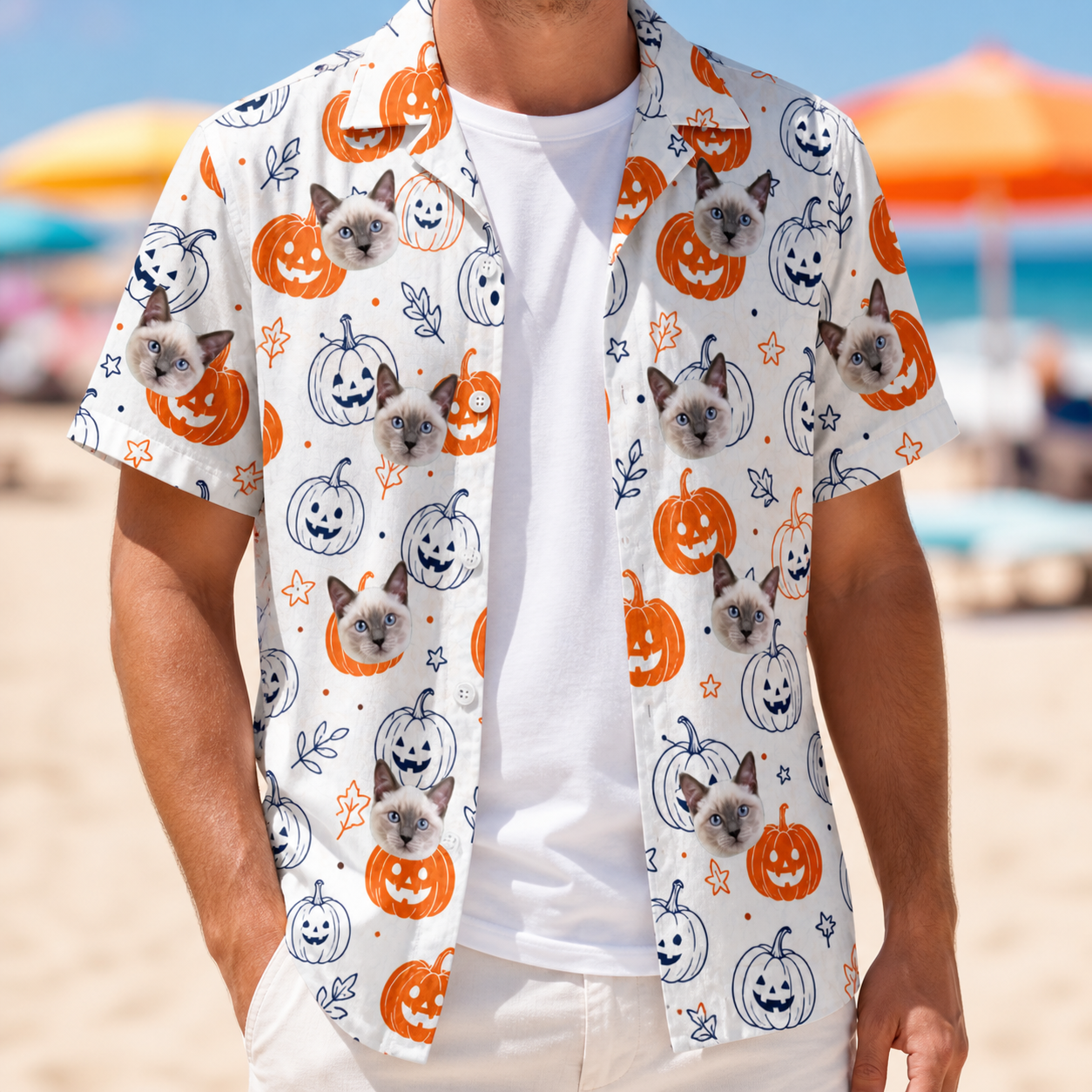 Man wearing Men's Jack O'Jitters Custom Cat Face Hawaiian Shirt open over a white tee