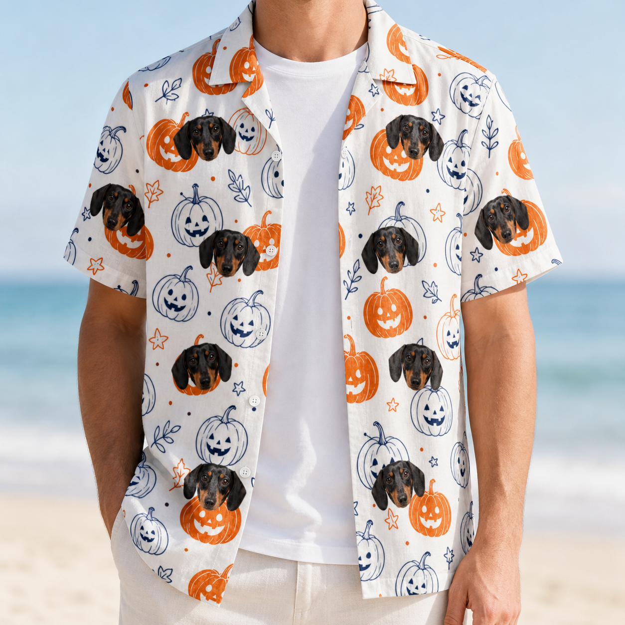 Man wearing Men's Jack O'Jitters Custom Dog Face Hawaiian Shirt open over a white tee
