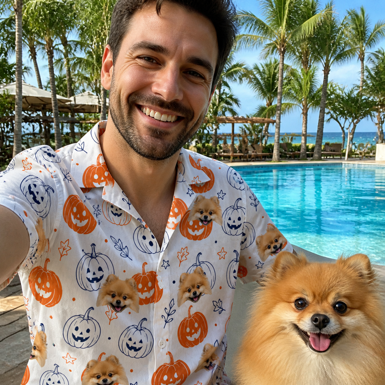 Selfie with the pet whose face is printed all over this Men's Jack O'Jitters Custom Dog Face Hawaiian Shirt