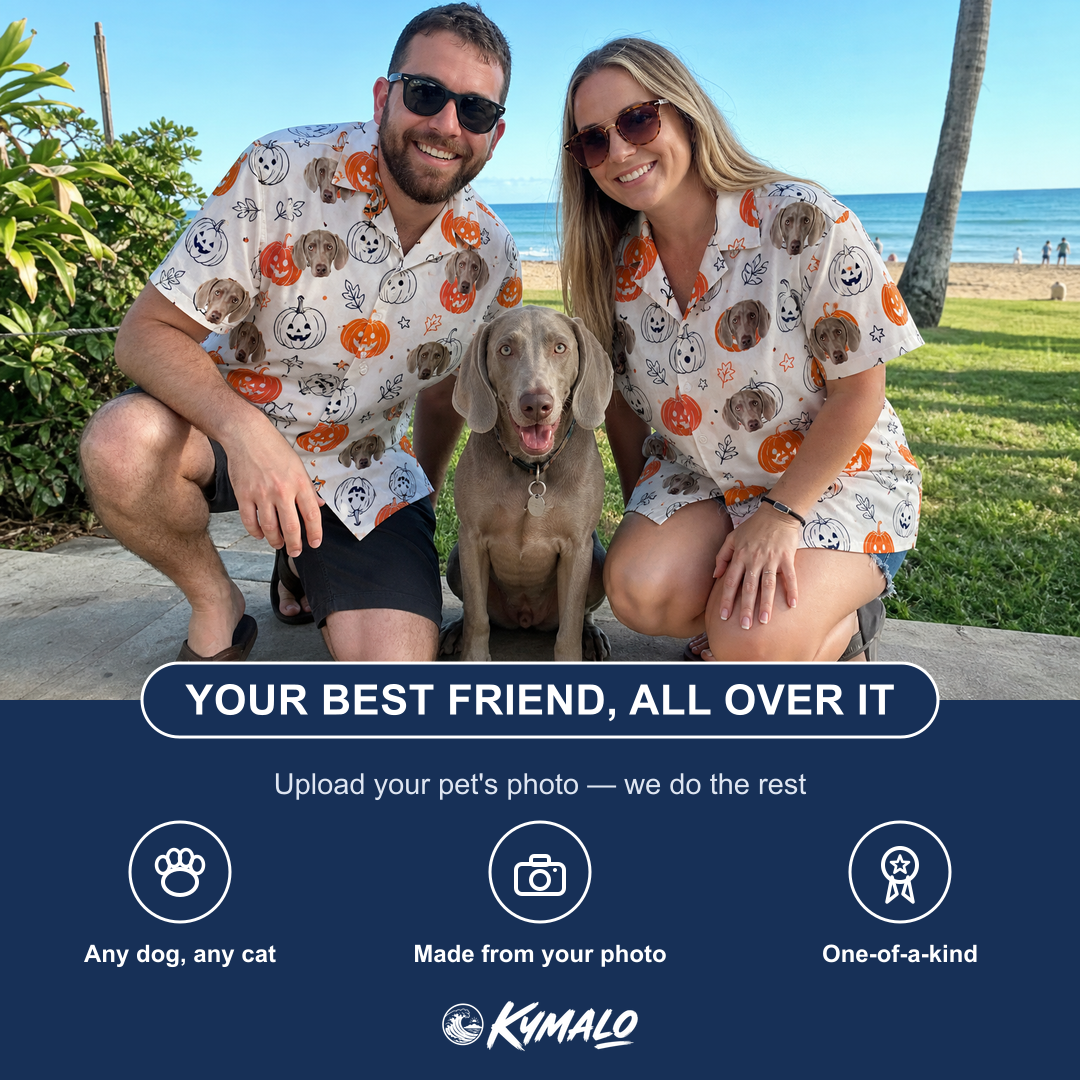 Friends in matching Men's Jack O'Jitters Custom Dog Face Hawaiian Shirt — a group gift photo
