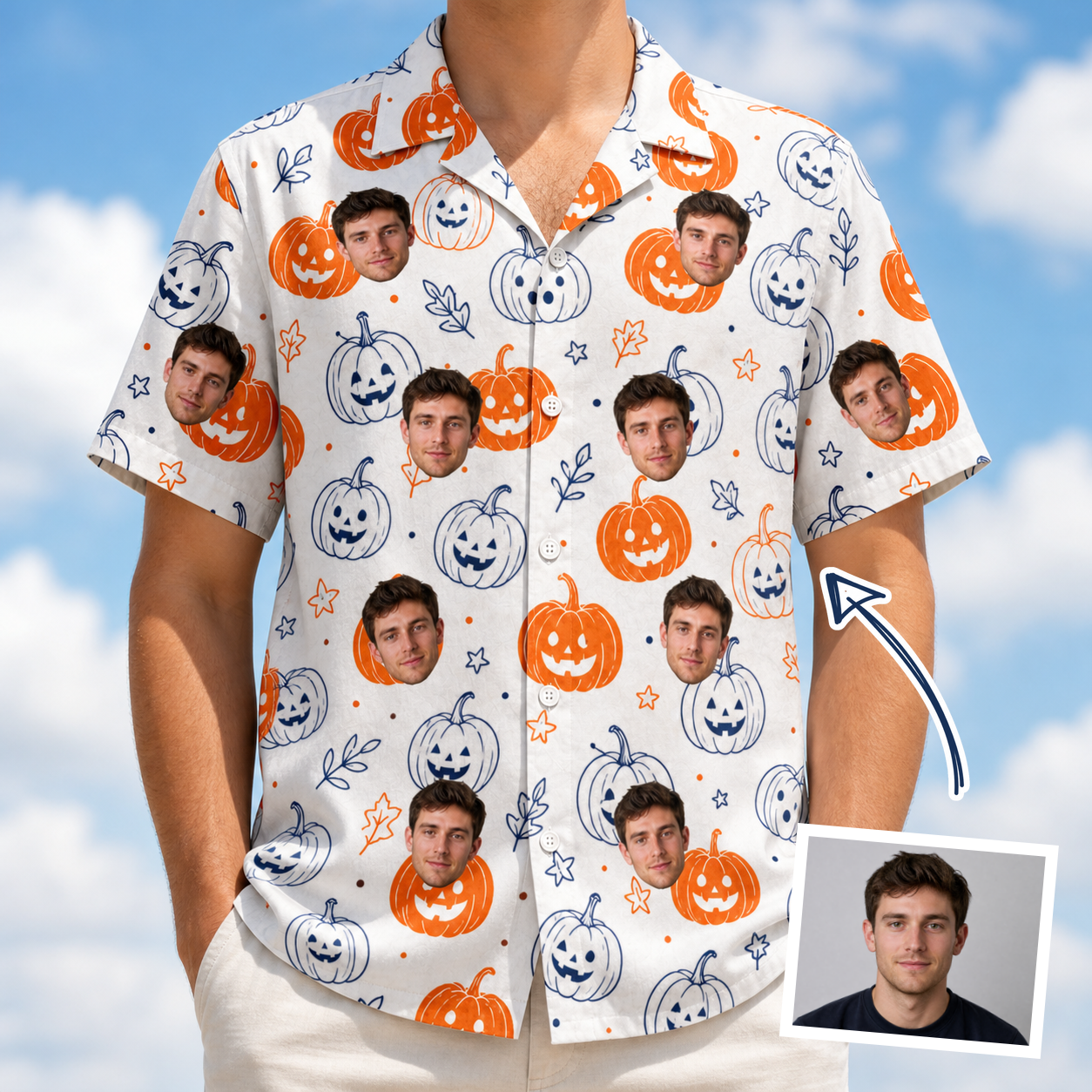 Man wearing Men's Jack O'Jitters Custom Face Hawaiian Shirt — custom faces printed all-over