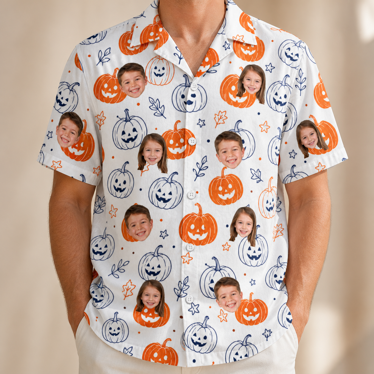 Model wearing Men's Jack O'Jitters Custom Face Hawaiian Shirt printed with kids' faces