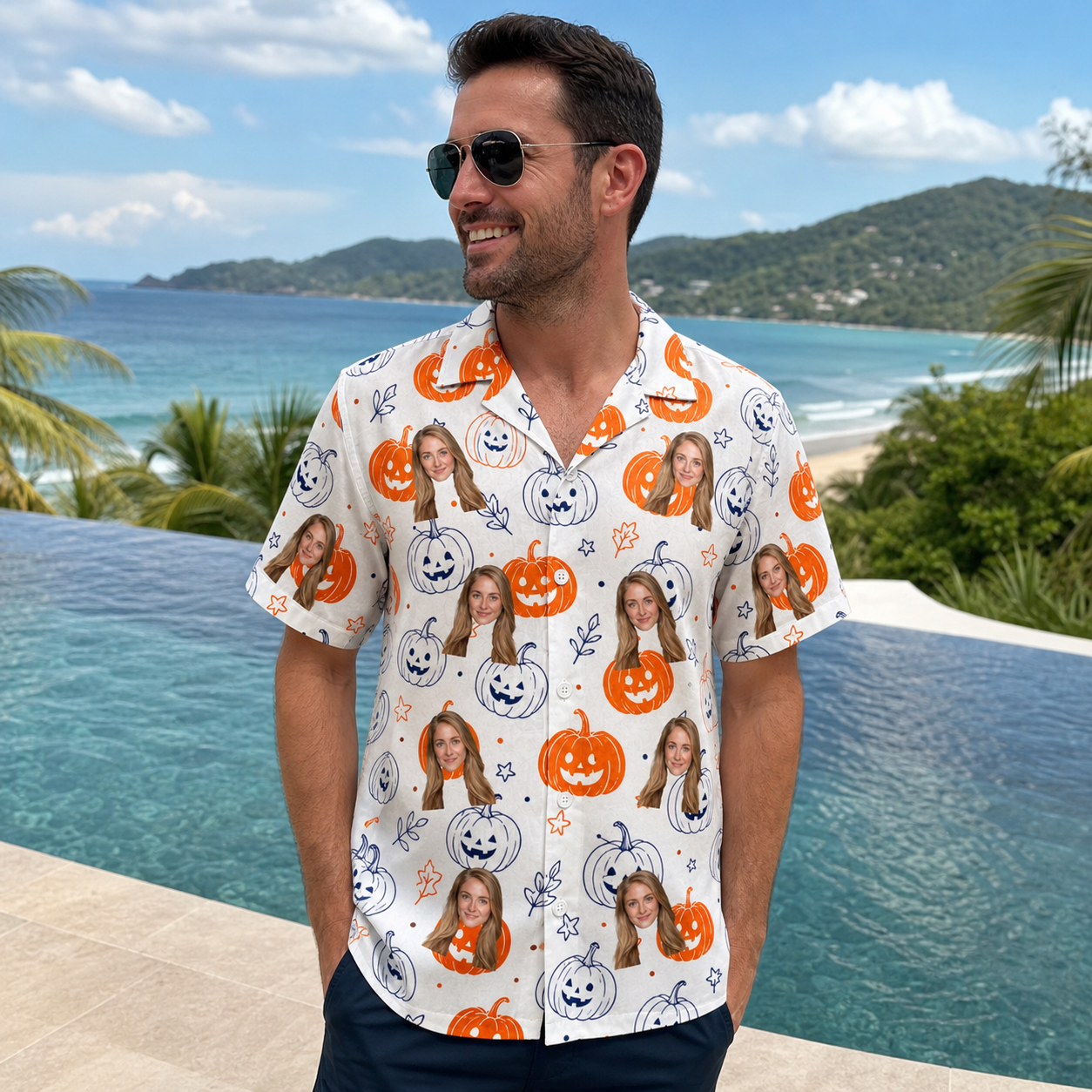 Real-life photo of someone wearing Men's Jack O'Jitters Custom Face Hawaiian Shirt — custom faces printed all-over
