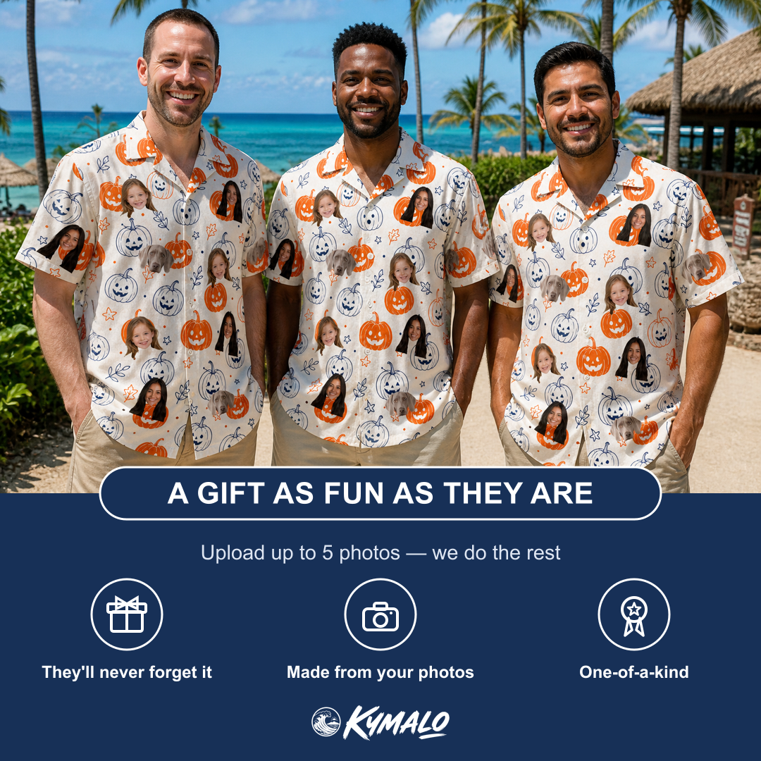 Friends in matching Men's Jack O'Jitters Custom Face Hawaiian Shirt — a group gift photo