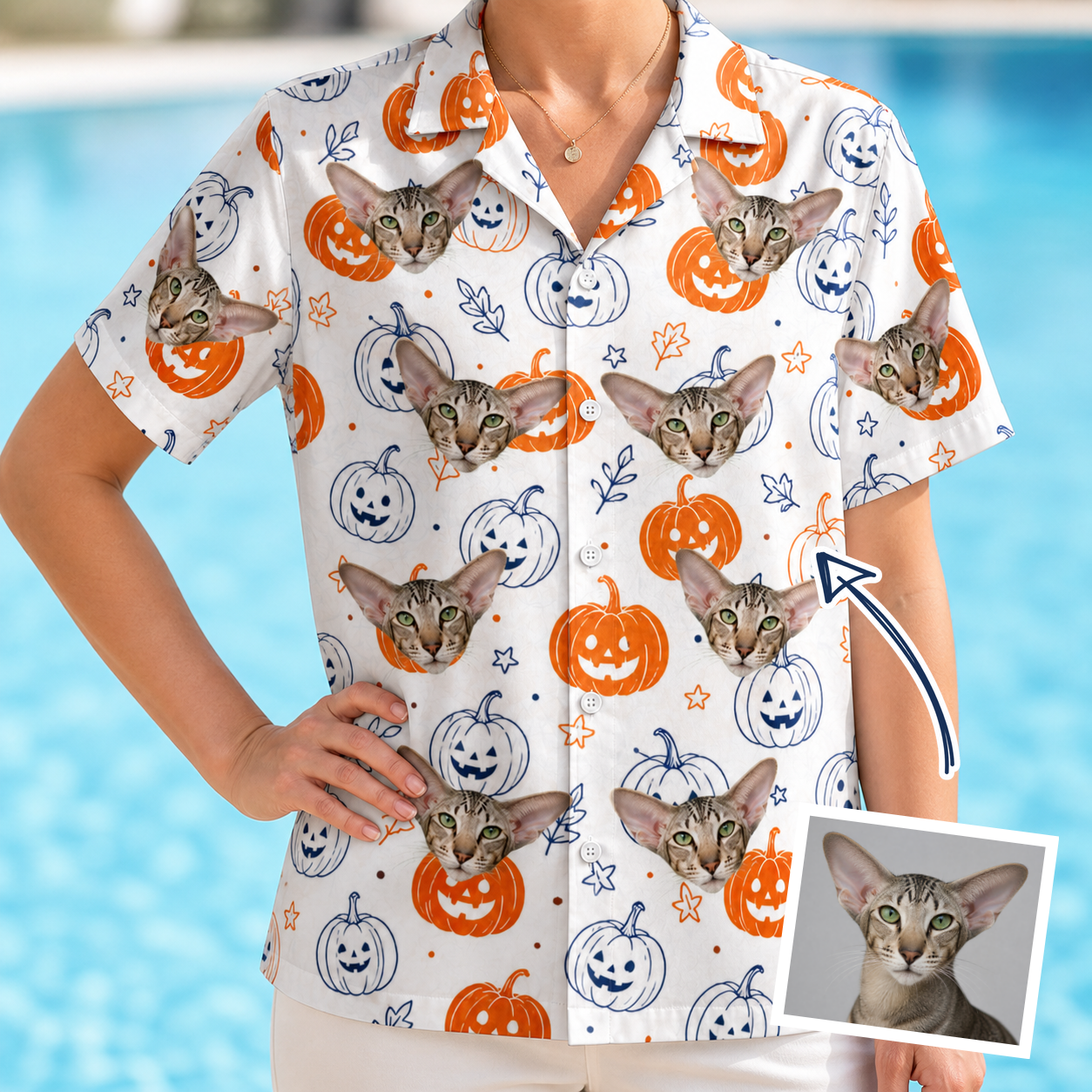 Woman wearing Women's Jack O'Jitters Custom Cat Face Hawaiian Shirt — custom faces printed all-over