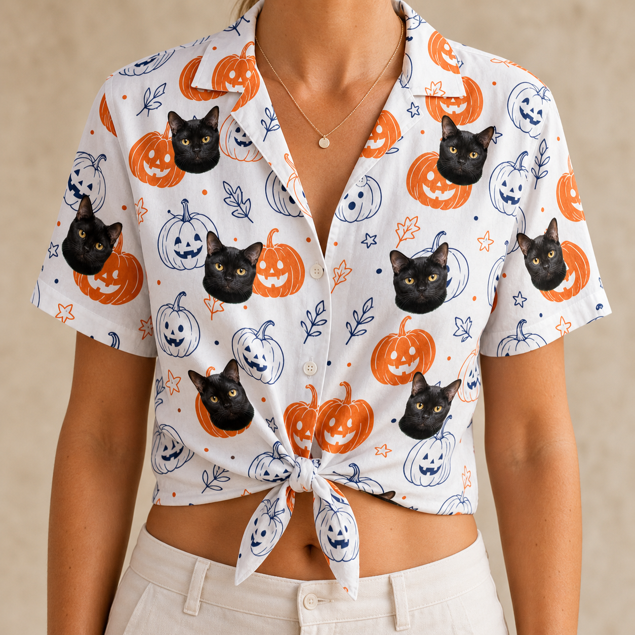 Woman wearing Women's Jack O'Jitters Custom Cat Face Hawaiian Shirt tied at the waist