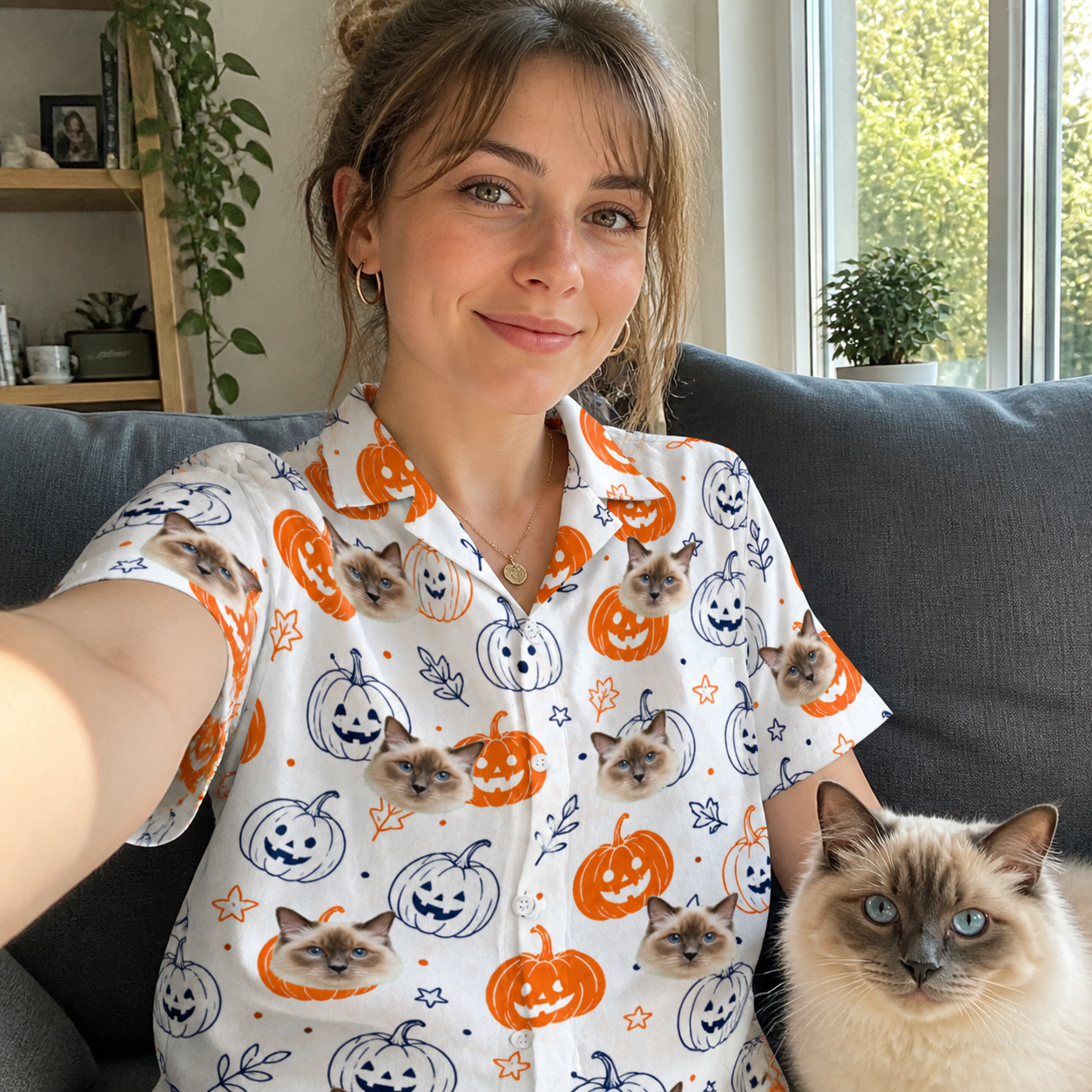 Selfie with the pet whose face is printed all over this Women's Jack O'Jitters Custom Cat Face Hawaiian Shirt