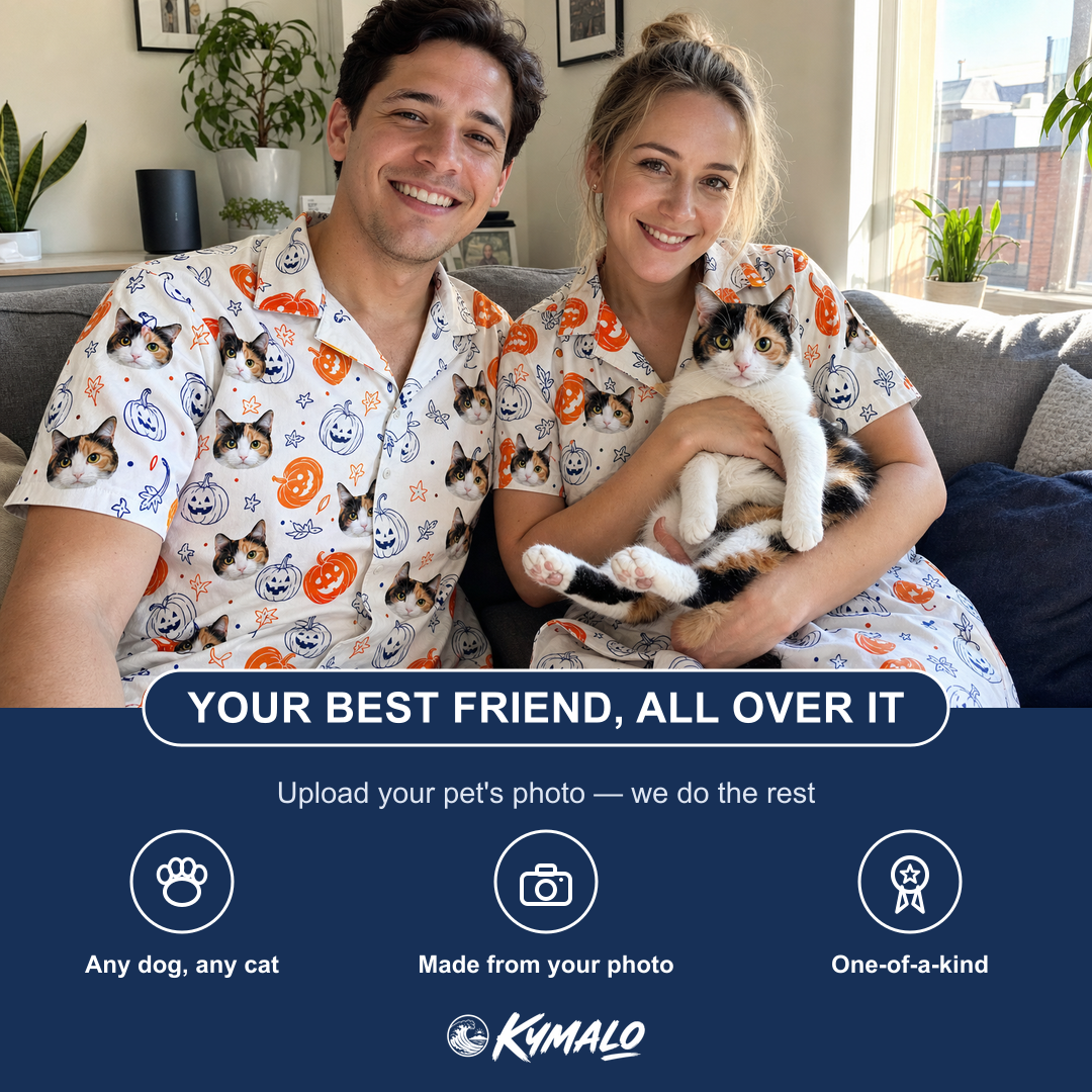 Friends in matching Women's Jack O'Jitters Custom Cat Face Hawaiian Shirt — a group gift photo