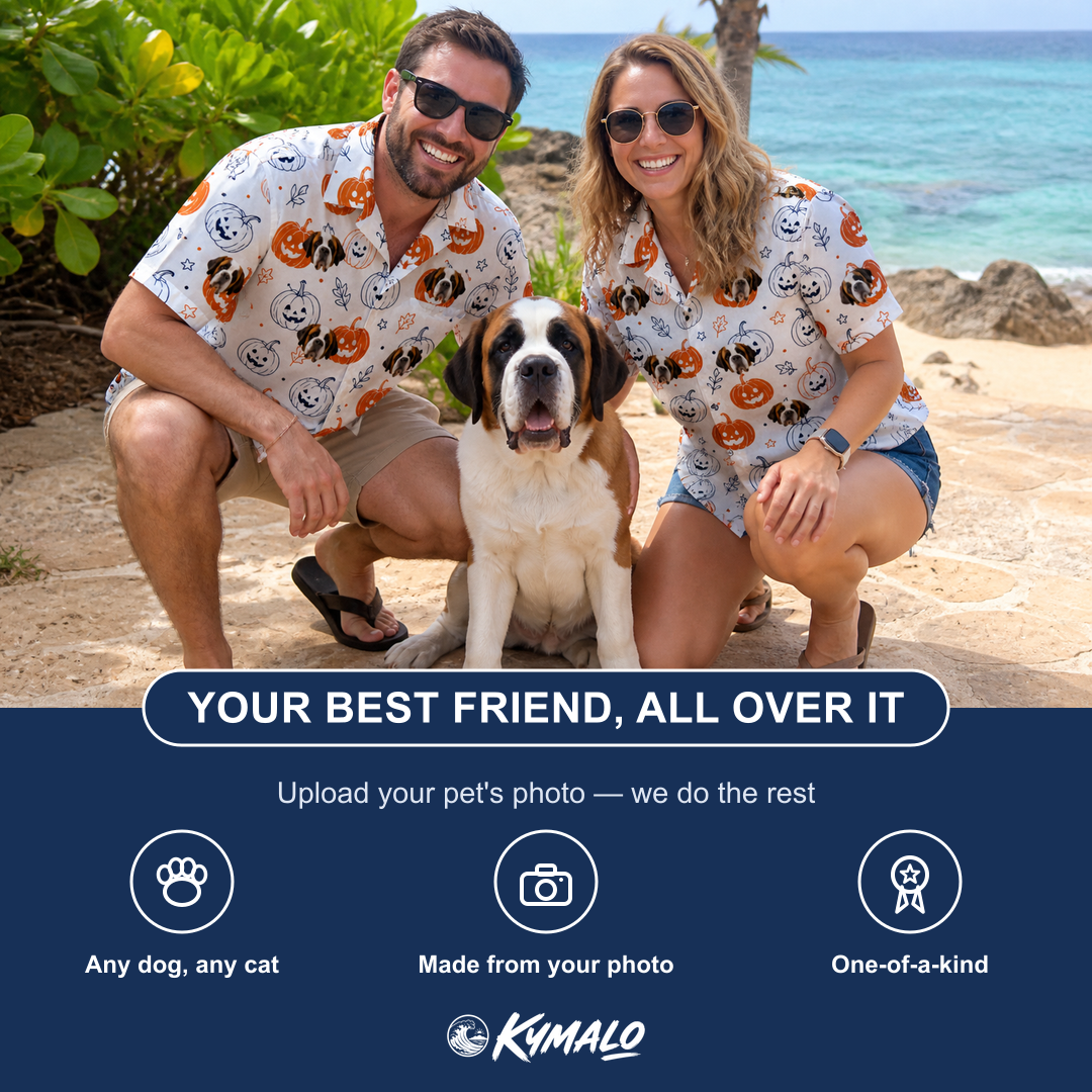 Friends in matching Women's Jack O'Jitters Custom Dog Face Hawaiian Shirt — a group gift photo