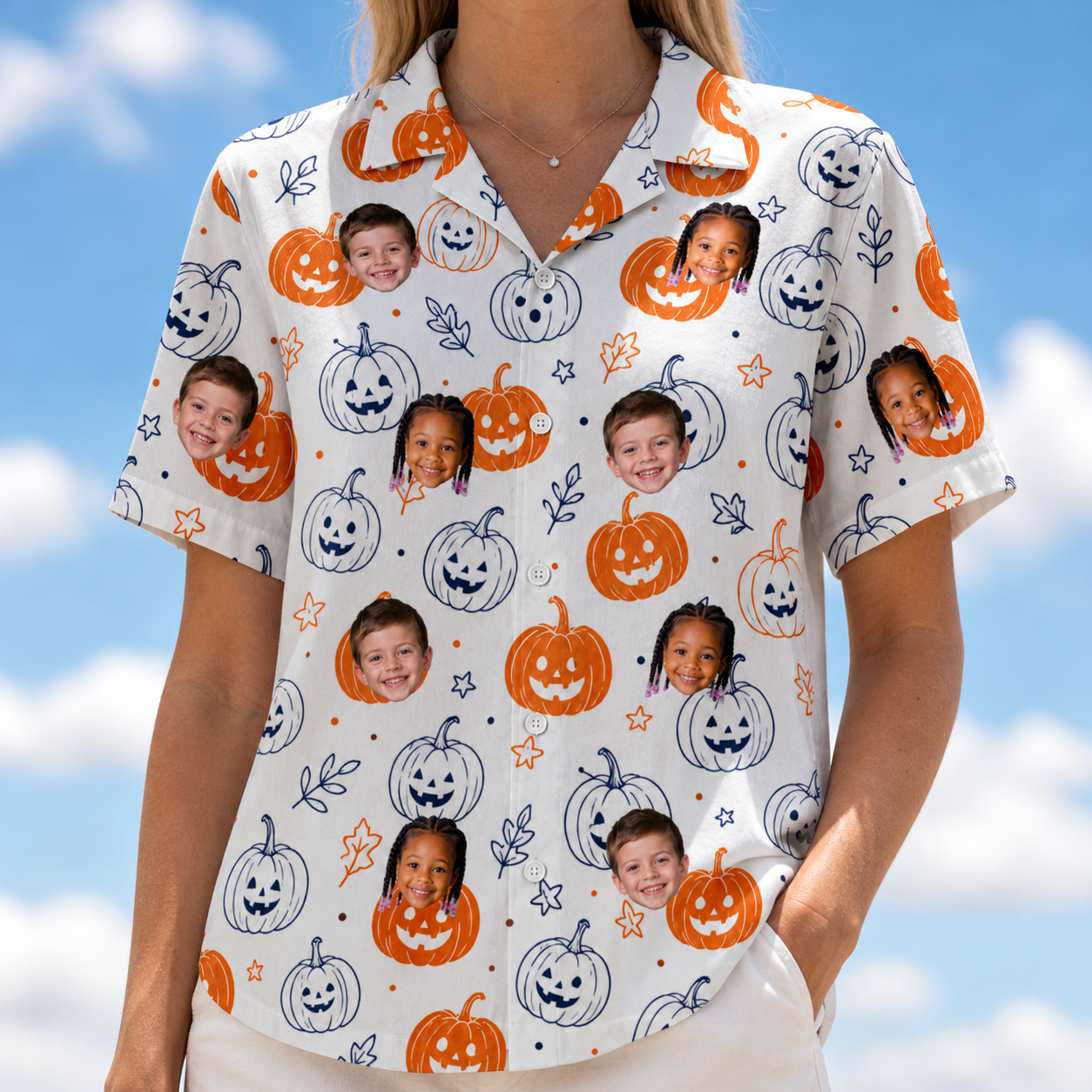 Model wearing Women's Jack O'Jitters Custom Face Hawaiian Shirt printed with kids' faces