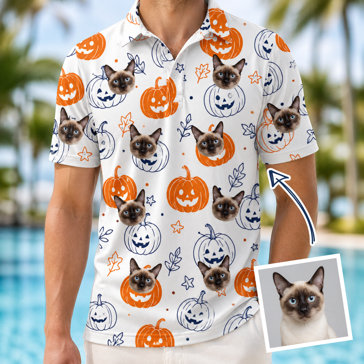 Man wearing Men's Jack O'Jitters Custom Cat Face Polo Shirt — custom faces printed all-over