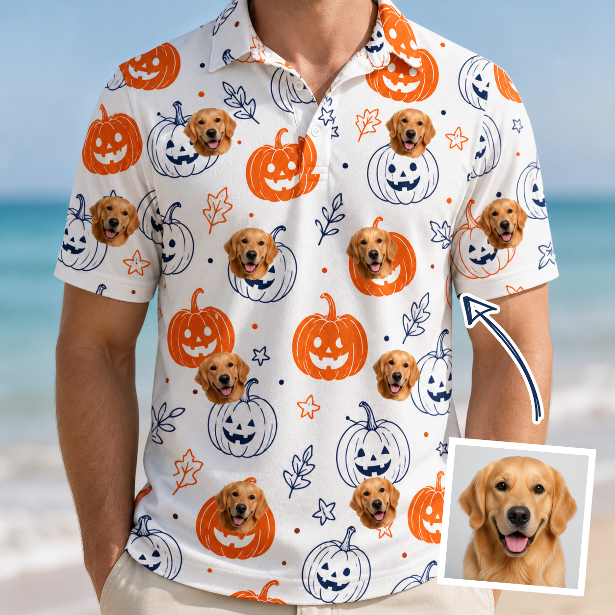 Man wearing Men's Jack O'Jitters Custom Dog Face Polo Shirt — custom faces printed all-over