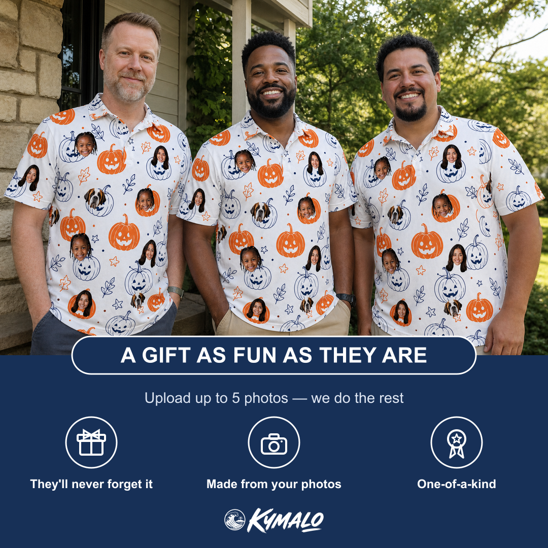 Friends in matching Men's Jack O'Jitters Custom Face Polo Shirt — a group gift photo