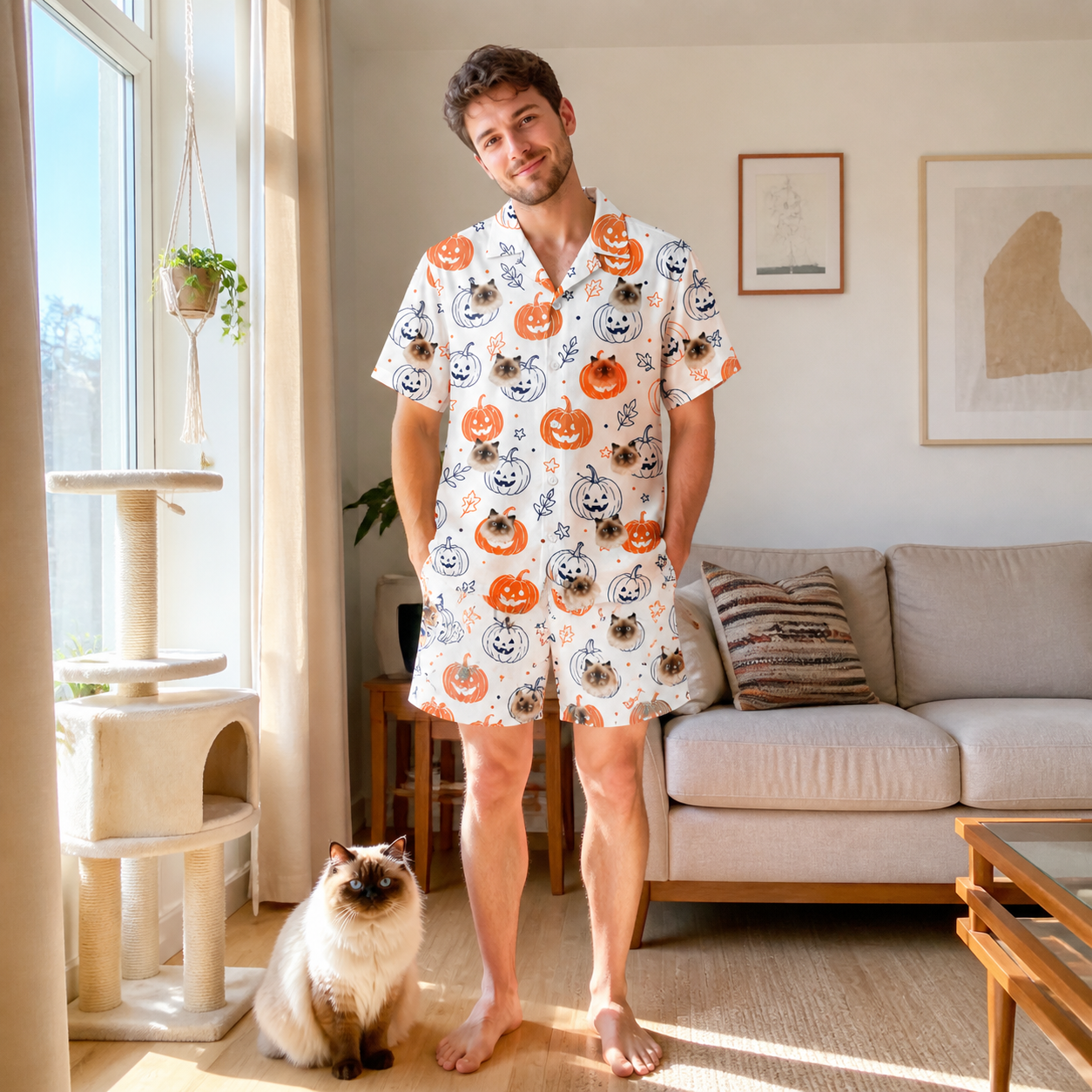 Full-length photo with the pet printed all over this Men's Jack O'Jitters Custom Cat Face Shirt & Shorts Set