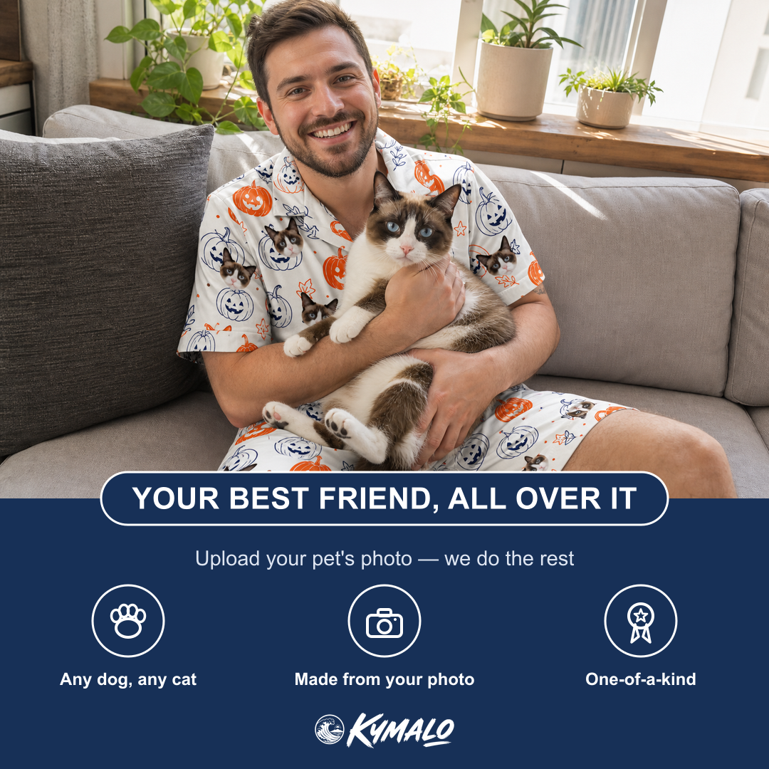 Friends in matching Men's Jack O'Jitters Custom Cat Face Shirt & Shorts Set — a group gift photo