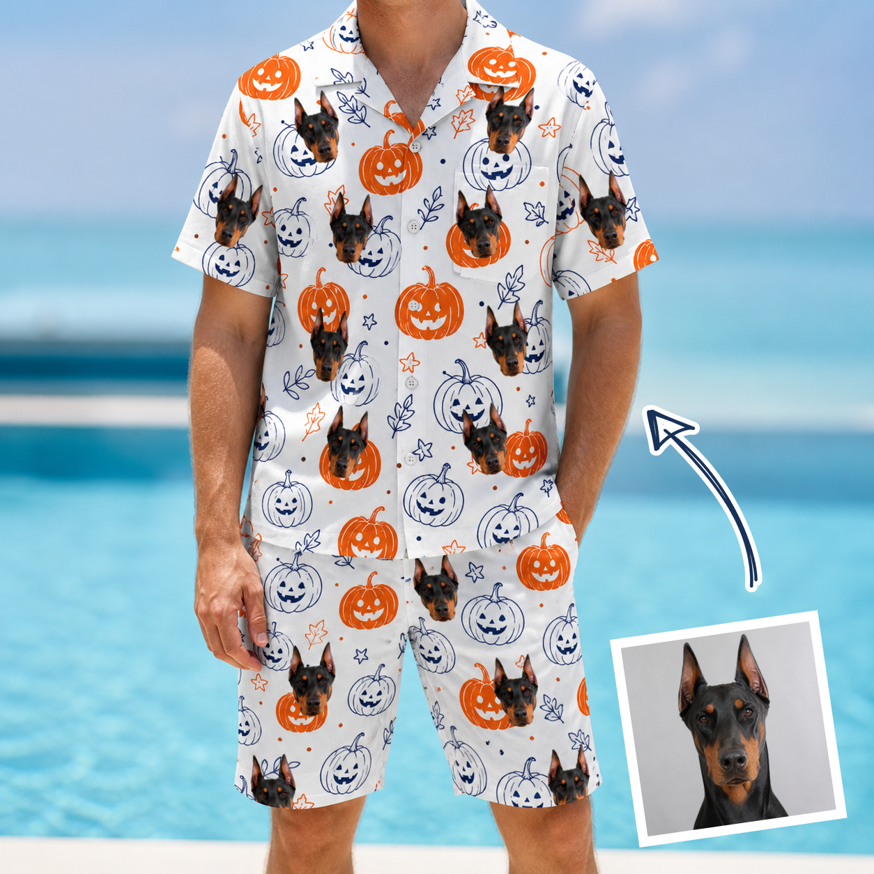 Man wearing Men's Jack O'Jitters Custom Dog Face Shirt & Shorts Set — custom faces printed all-over